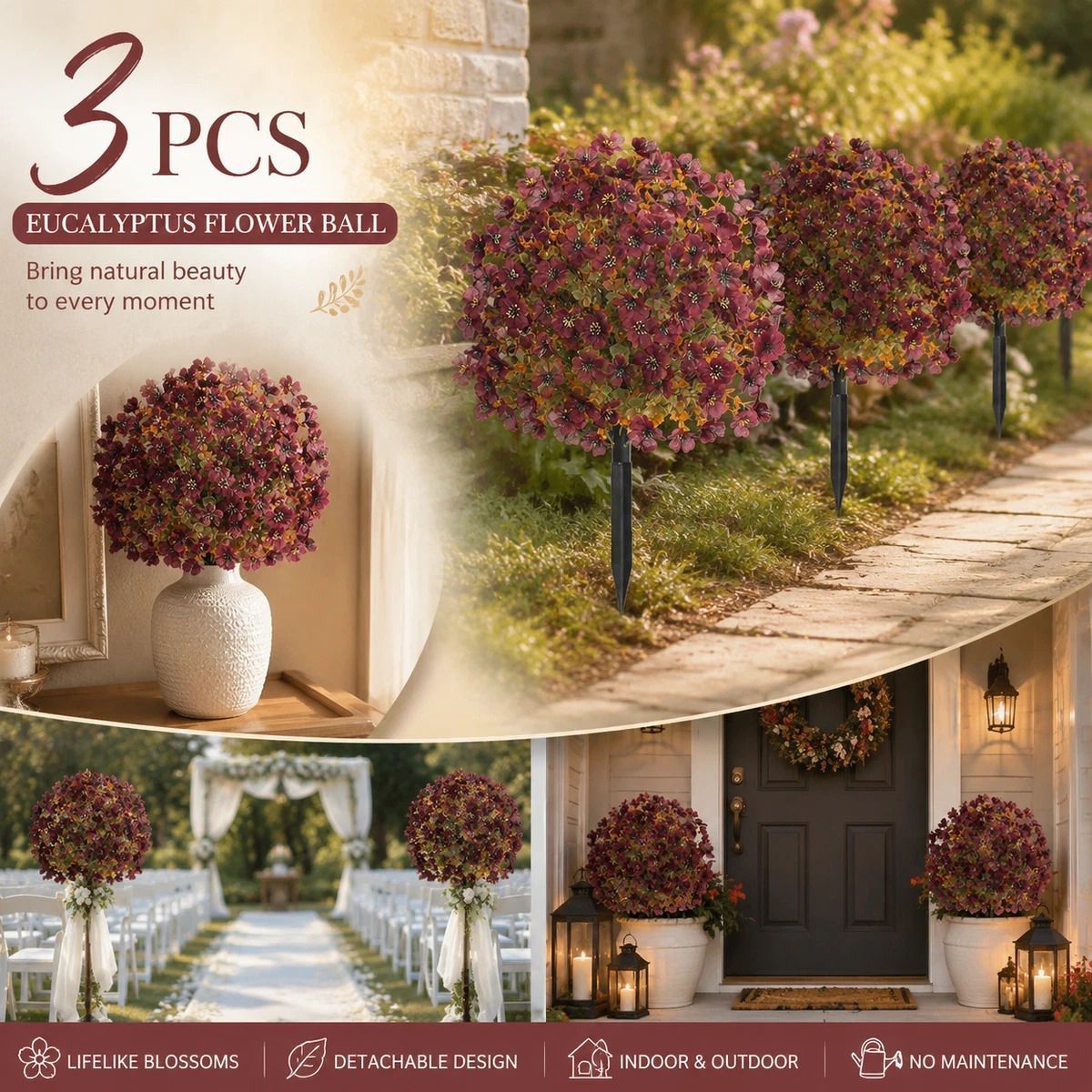 Deep Red Autumn Faux Flower Stems 3 Pack Patio Interior Portrait Styling