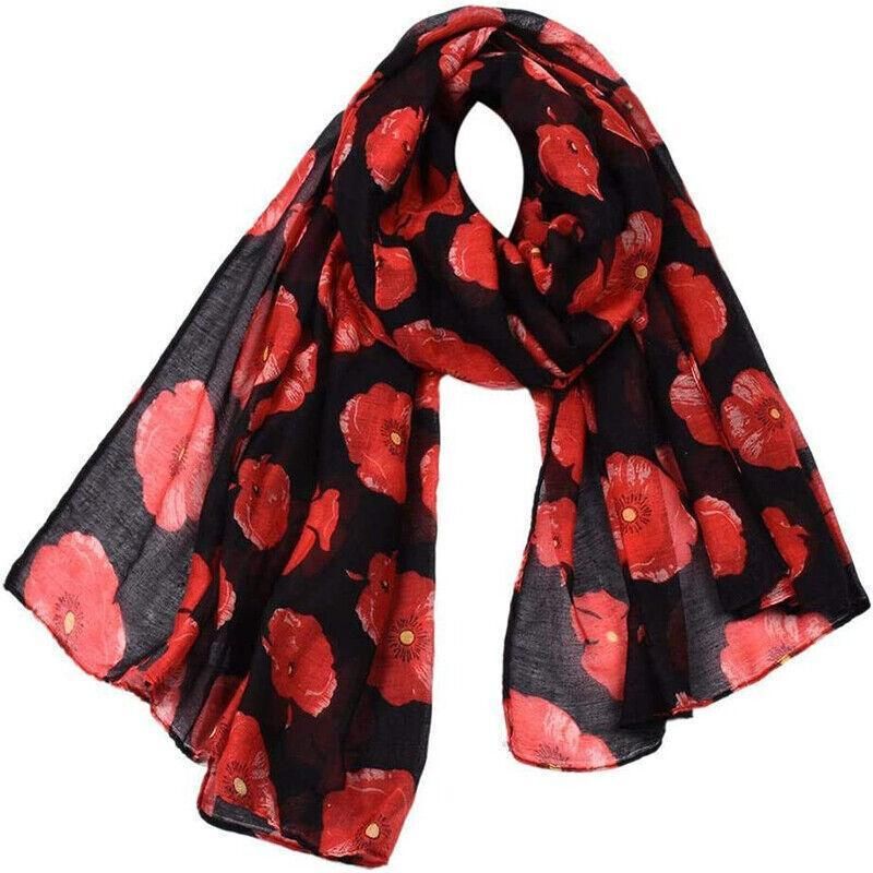 Women Ladies Poppy Print Floral Scarf Remembrance Day Poppies Scarves Wrap Shawl — image 4