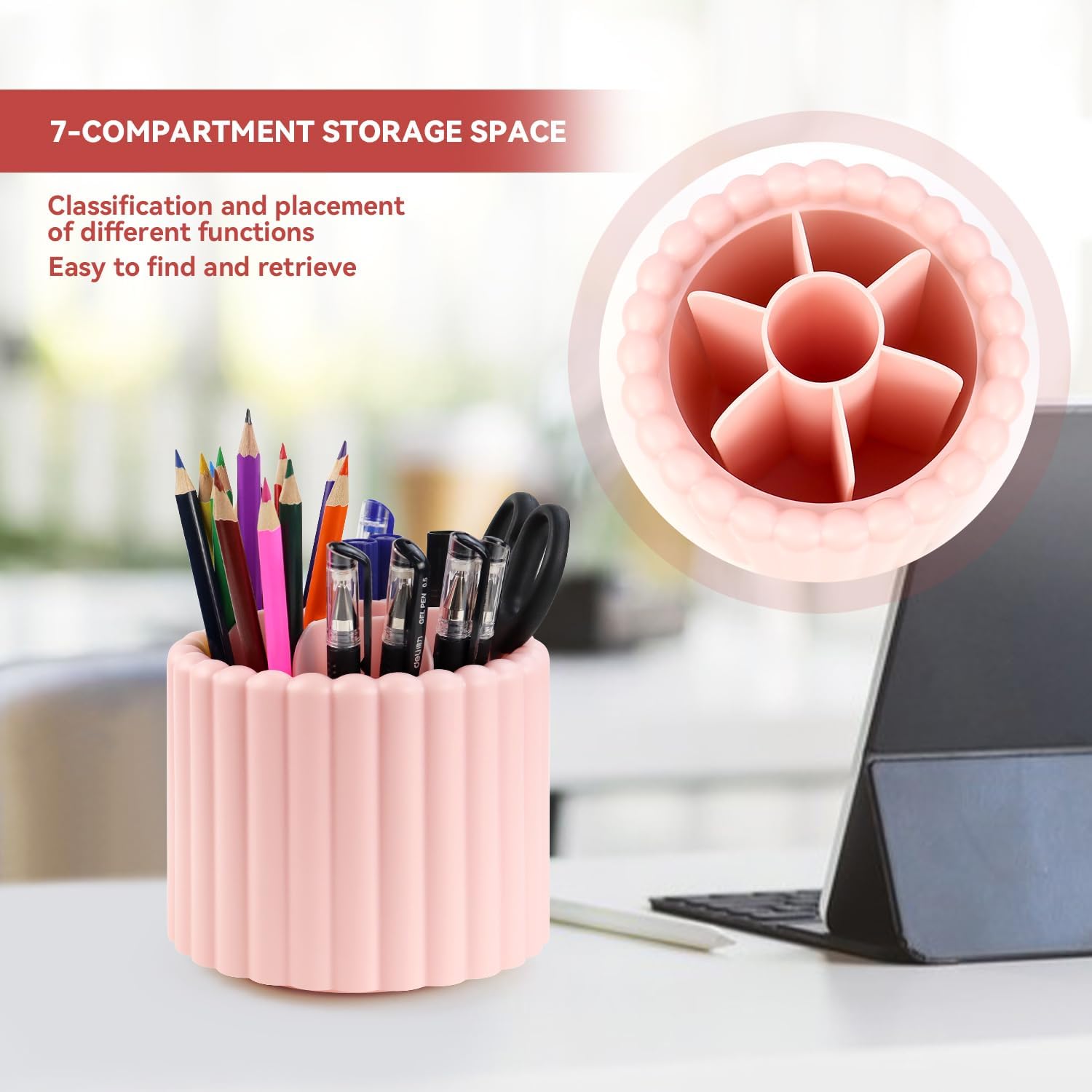 1 Pack 360° Rotating Makeup Brush Organizer, 7 Slot Make up Brush Holder for Vanity, Dresser, Desk (Pink) — image 5
