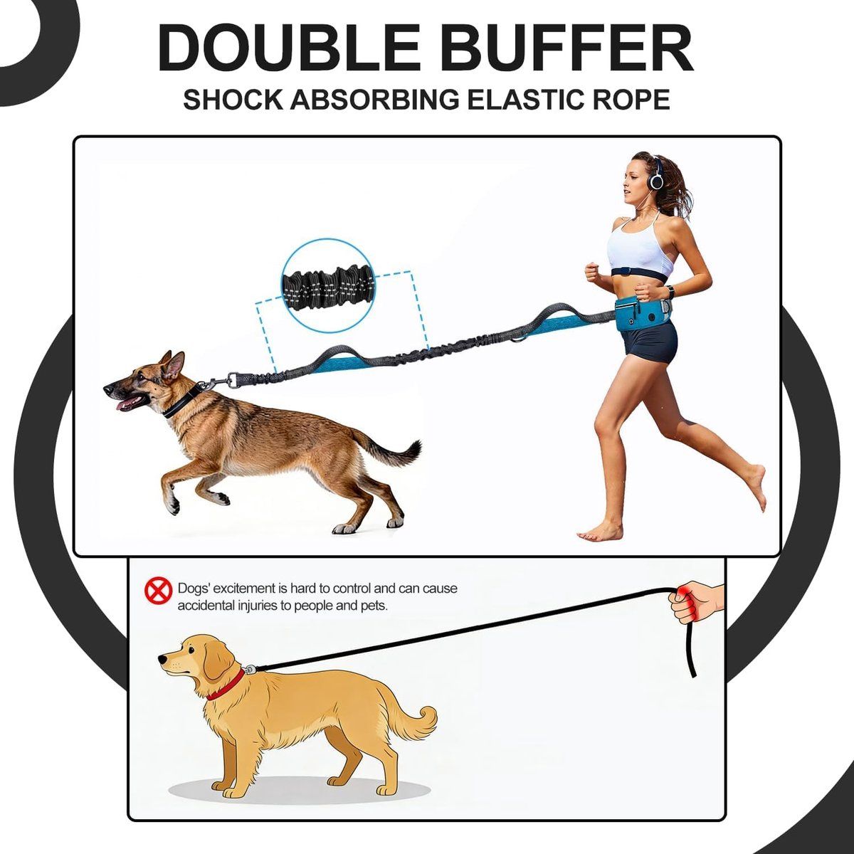 Dog Running Leash, Adjustable waist belt with pockets, reflective elastic cord and double handles, walking and trail running, blue โ image 3