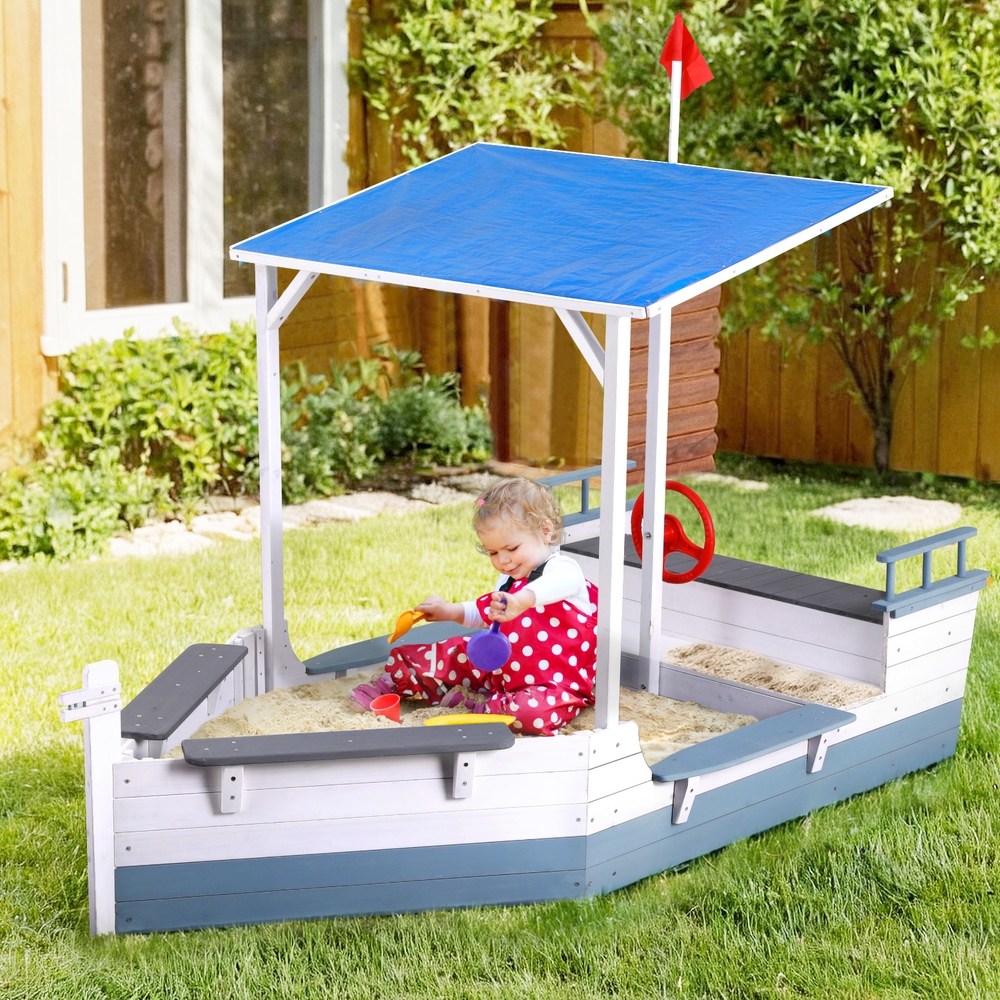 Keezi Kids Sandpit Wooden Box Boat Canopy Flag Outdoor Toys Children Blue — image 5