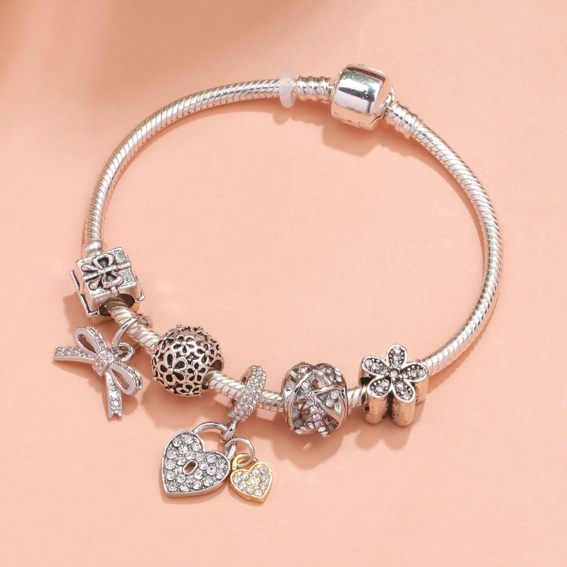 Hollow Out Crystal Flower Heart Bow Charm Bracelet(silver-toned,21cm)