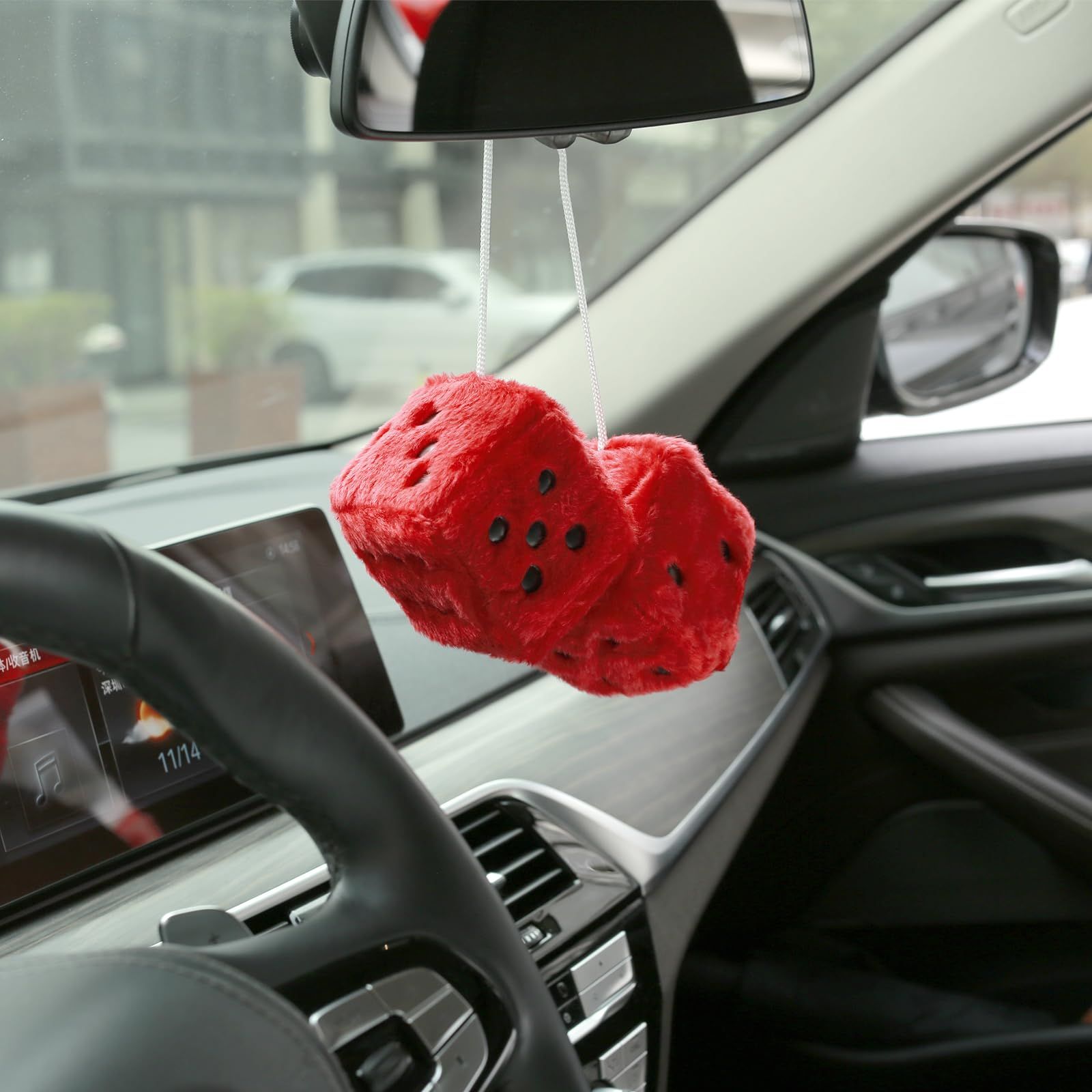 1 Pair Plush Dice Car Pendants, Auto Rearview Mirror Charms Couple Fuzzy Plush Dice with Dots for Car Interior Hanging Ornament — image 2