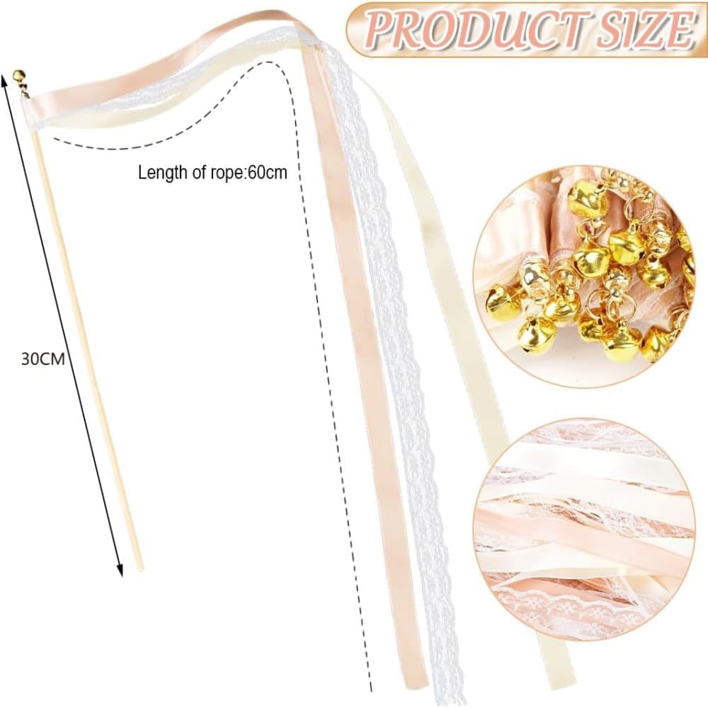 30 Pack Wedding & Party Decor Satin & Lace Ribbon Wands with Bells, 30cm Light Orange — image 2