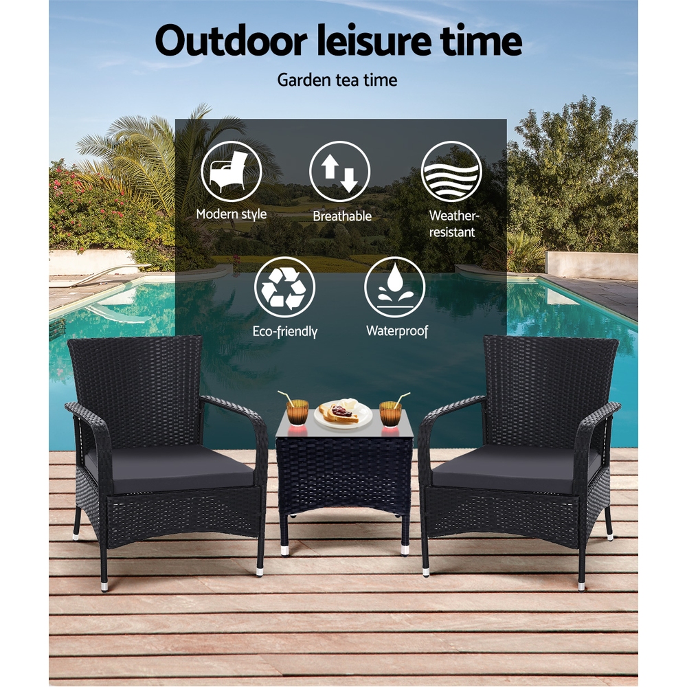 Gardeon 3PC Outdoor Bistro Set Patio Furniture Wicker Setting Chairs Table Luca โ image 3