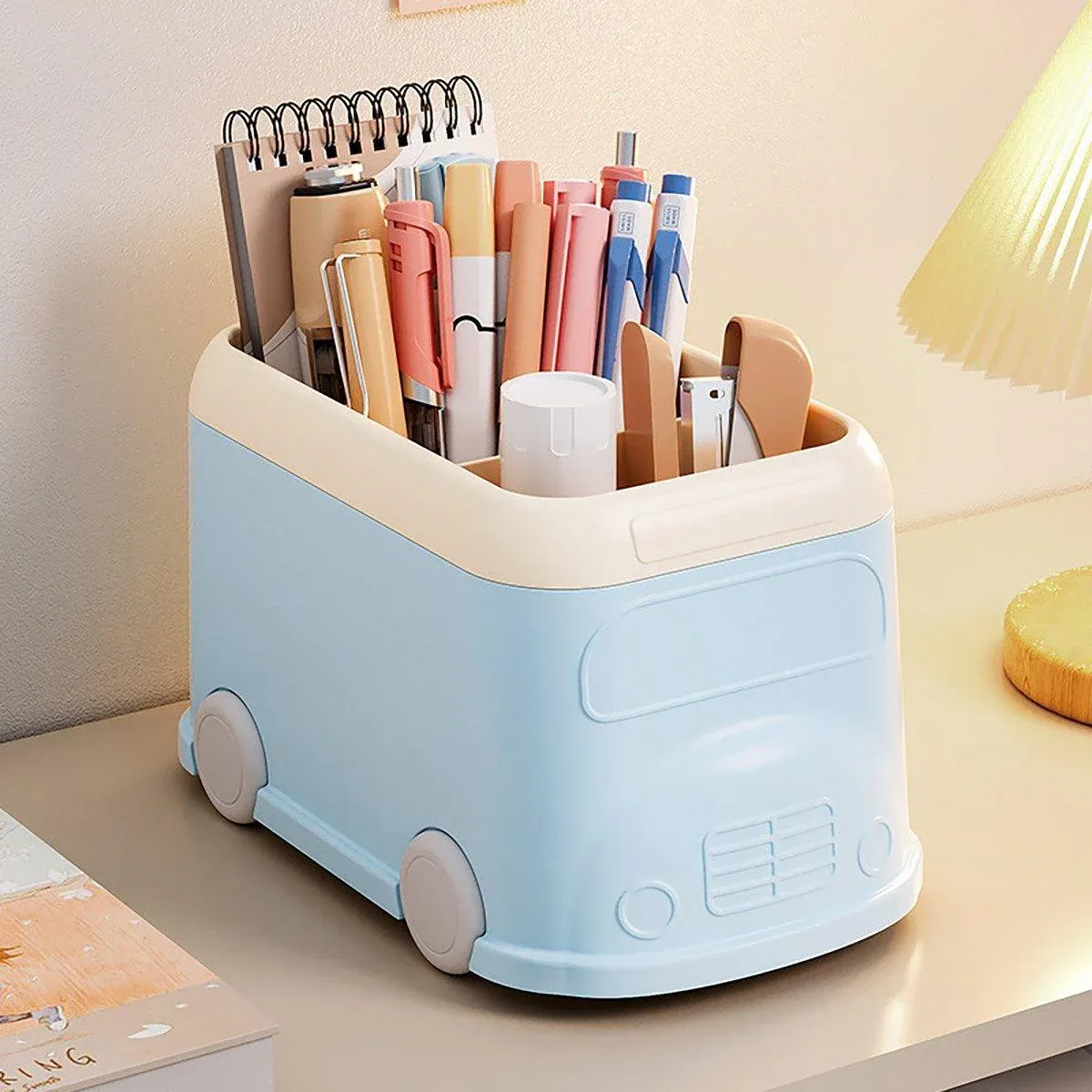 Cartoon Desktop Pen Holder Multi-Compartment Stationery Organizer Storage Box - Blue — image 6