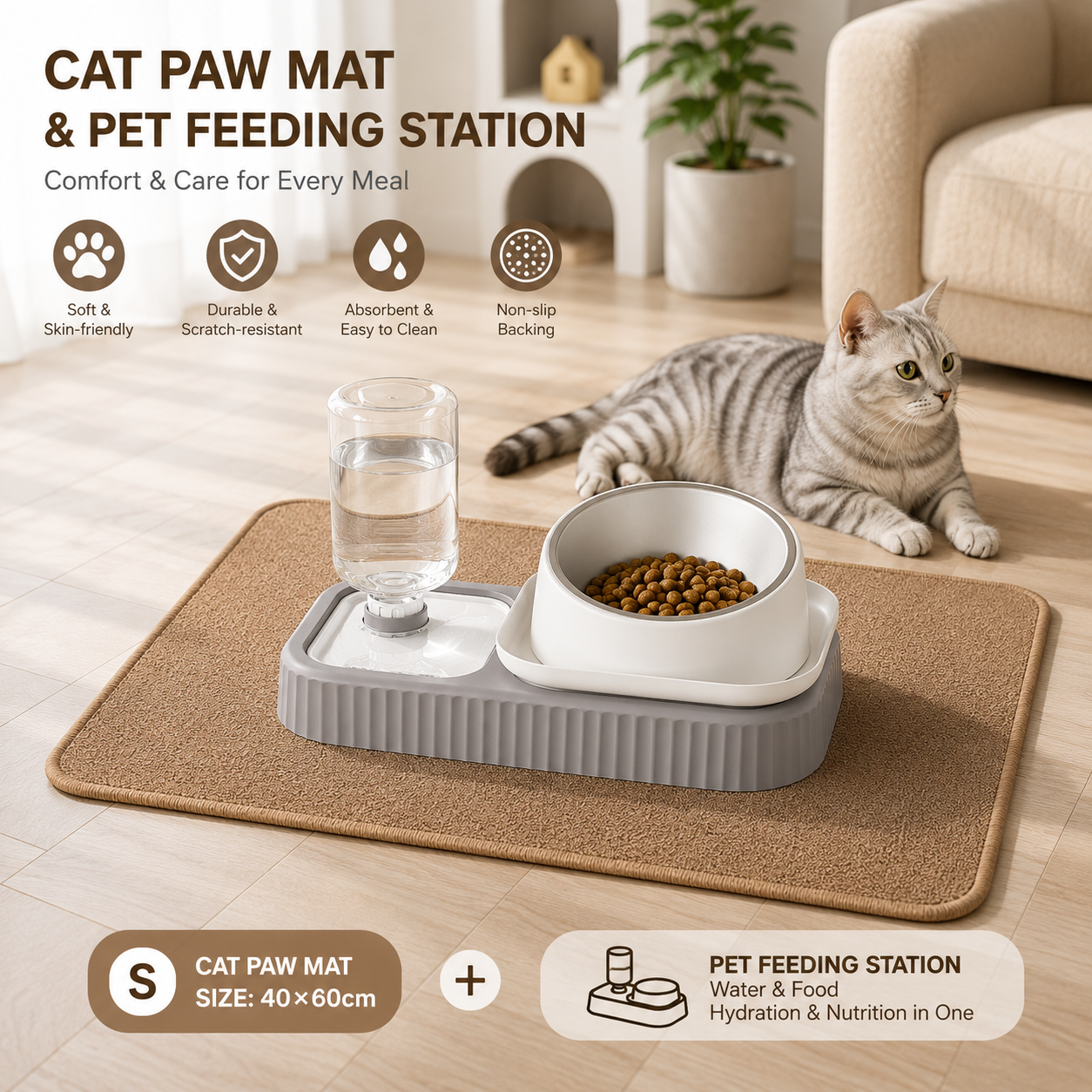 2 pcs Grey and White Cat Feeding Station with Water Dispenser & Slow Feeder Bowl Plus Cat Scratching Mat Set Brown 40x60cm Pet Dining and Furniture Protection