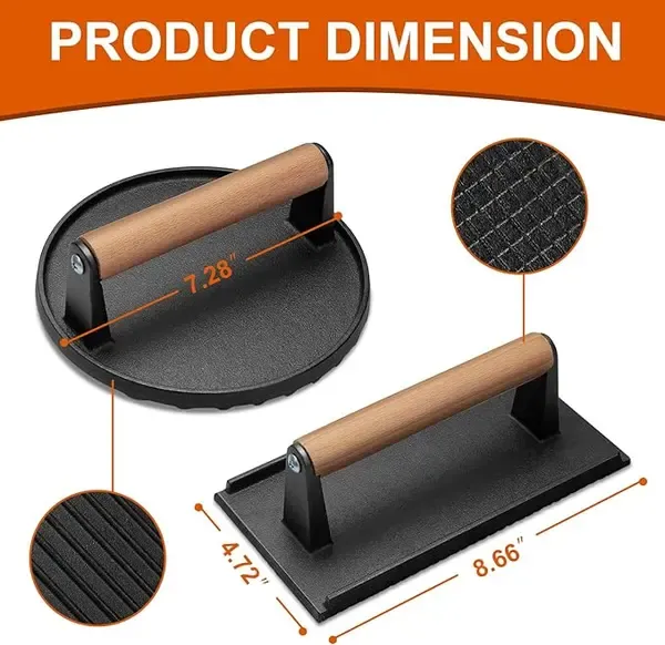 Heavy Duty Cast Iron Smash Burger Press Set with Ergonomic Wooden Handle and Ribbed Base for BBQ Griddles and Home Cooking โ image 2