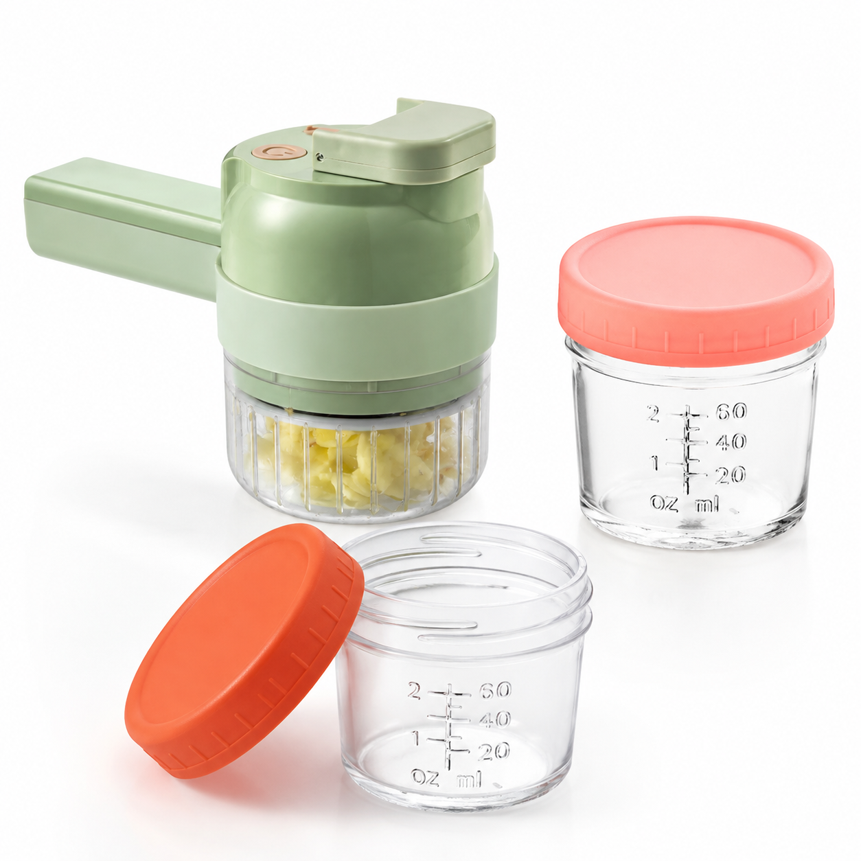Seasoning Preparation and Storage Set-Green Electric Handheld Food Processor With Orange lid and Pink lid 4oz Glass Storage Jars - USB-C Charging