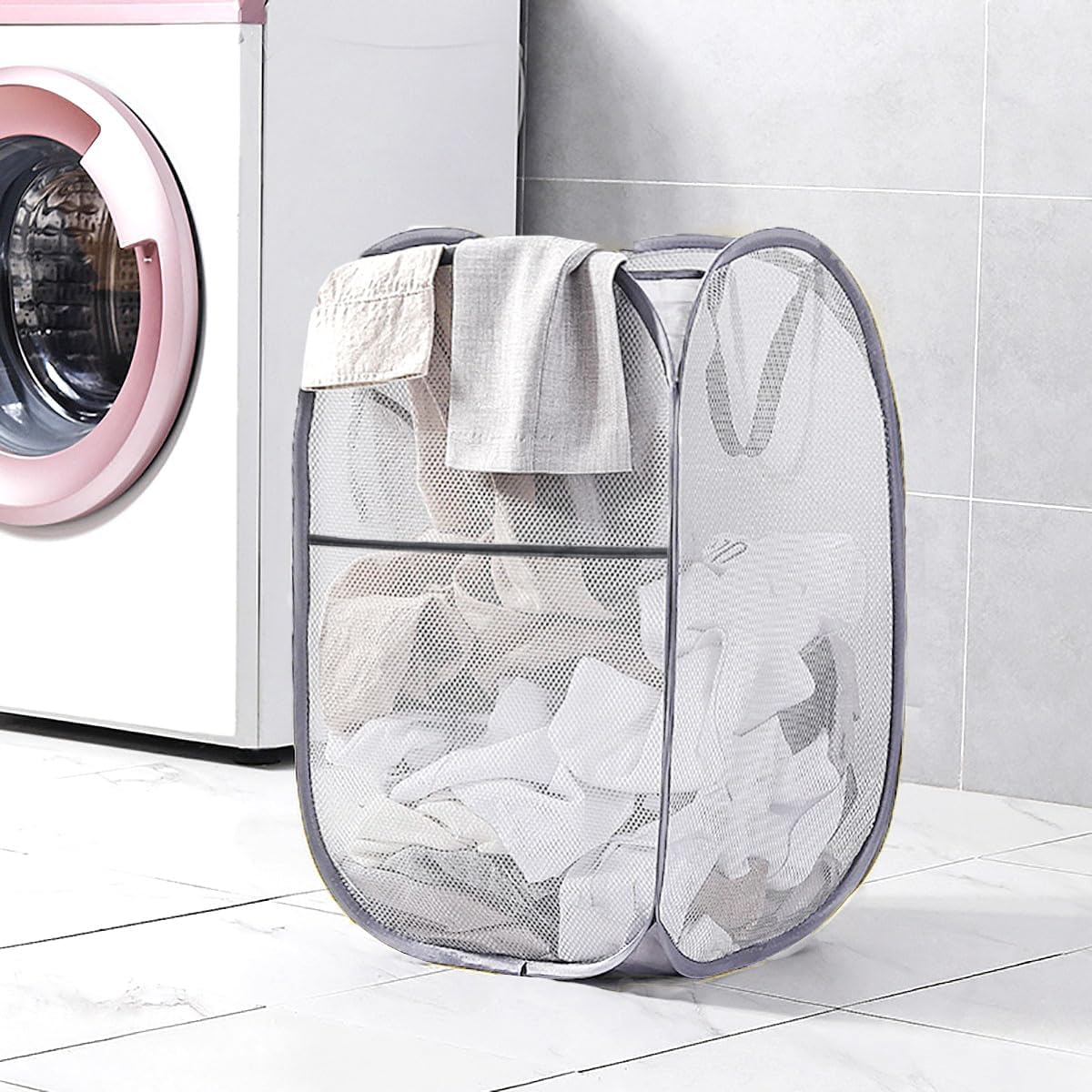 2 Pcs Popup Mesh Laundry Baskets, Collapsible and Portable Clothes Washing Laundry Hampers with Reinforced Carry Handles, Gray Clothes Hamper for Home, Travel — image 5
