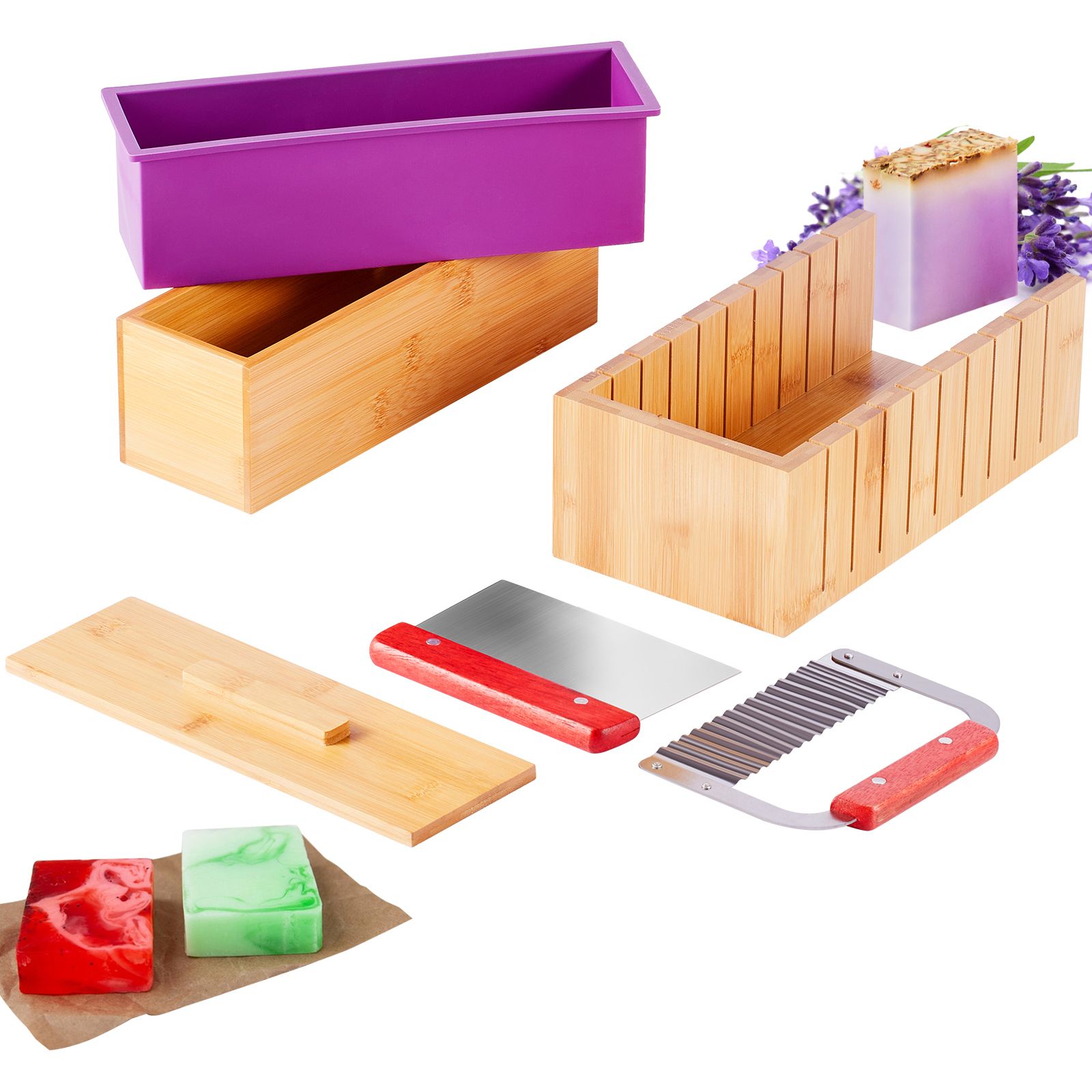 Soap Making Kit, Bamboo Cutting Box and Inner Box with Silicone Mold, Stainless Steel Straight Cutter and Wavy Cutter, 100 Bags and 105 Stickers