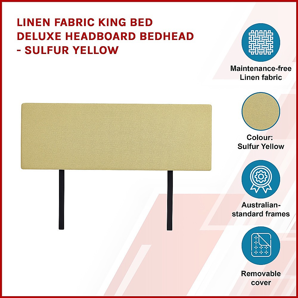 Linen Fabric King Bed Deluxe Headboard Bedhead - Sulfur Yellow — image 4