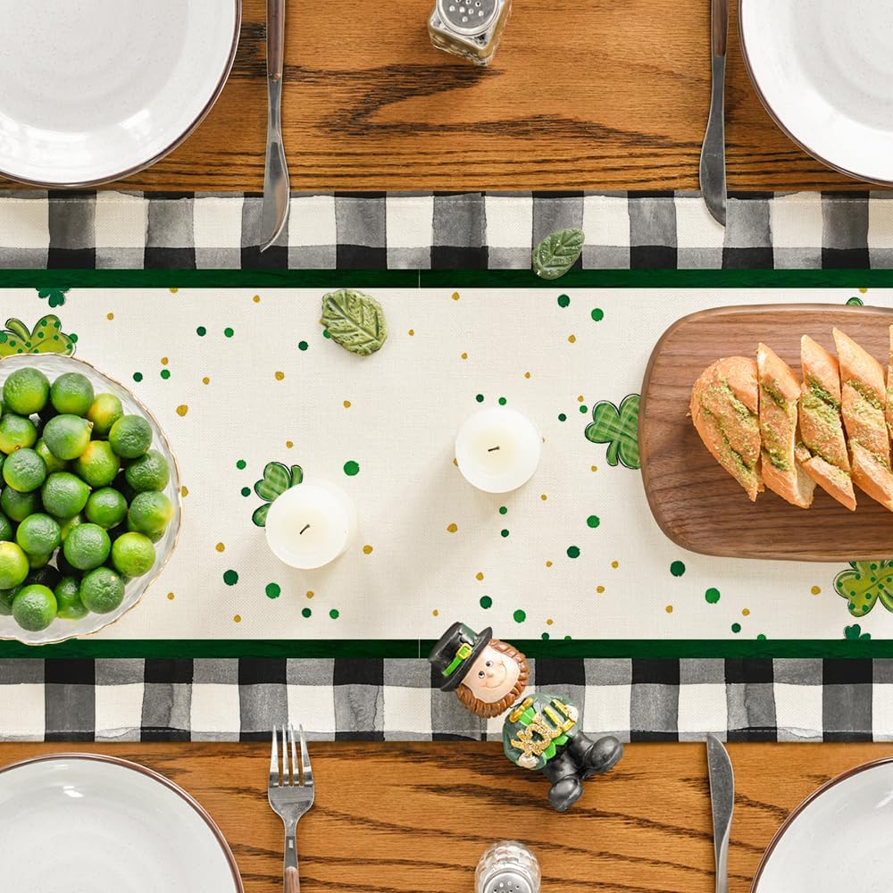 Buffalo Plaid Shamrock Gnome St. Patrick's Day Table Runner, Seasonal Spring Holiday Kitchen Dining Table Decoration for Indoor Outdoor Home Party Decor 13 × — image 4