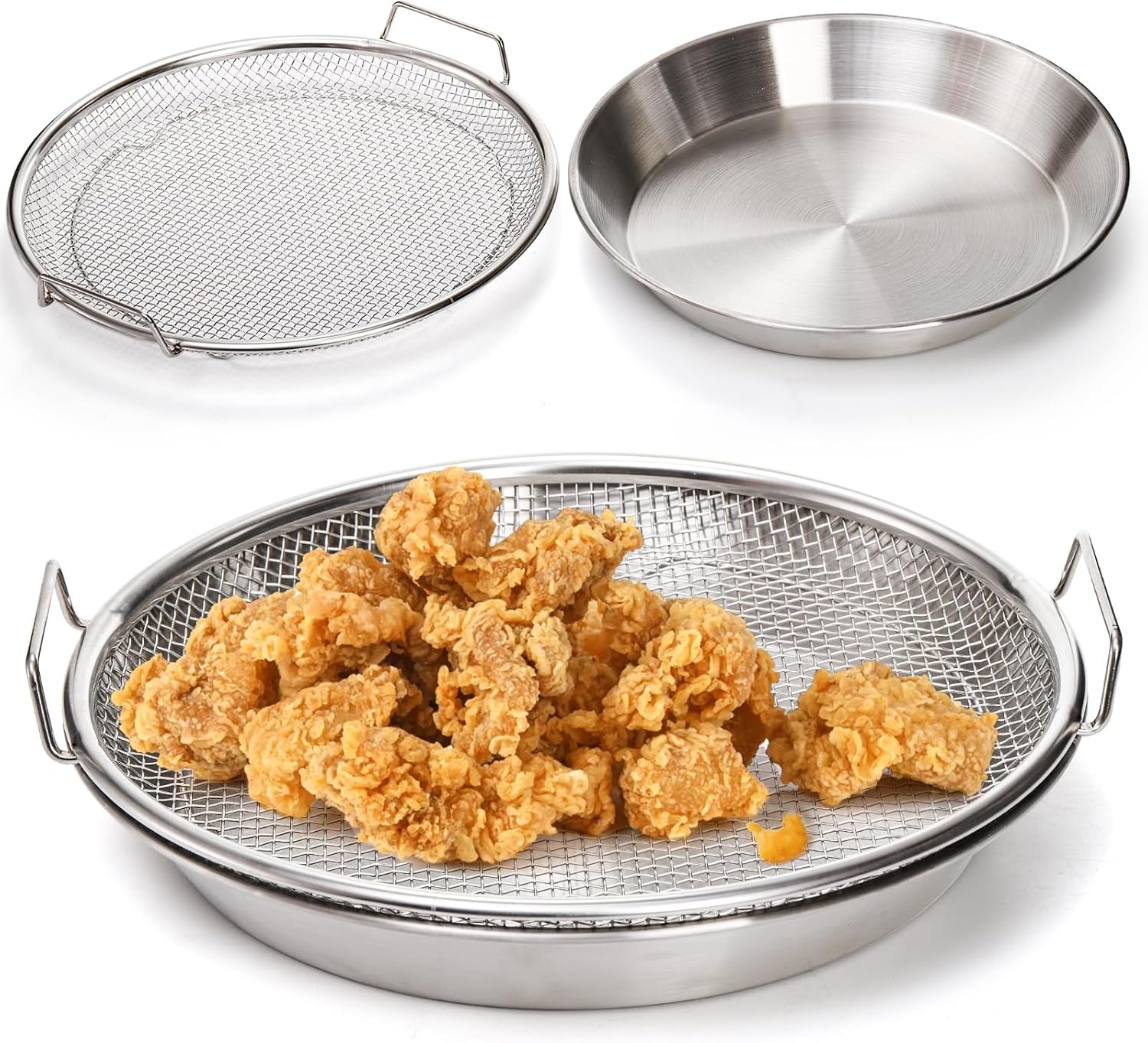10.3" Kitchen Oil Filter Tray, Stainless Steel Air Fryer Mesh Pan, Draining Basket Accessories for Fried Food, Cooking Net Strainer Colander Barbecue Grill