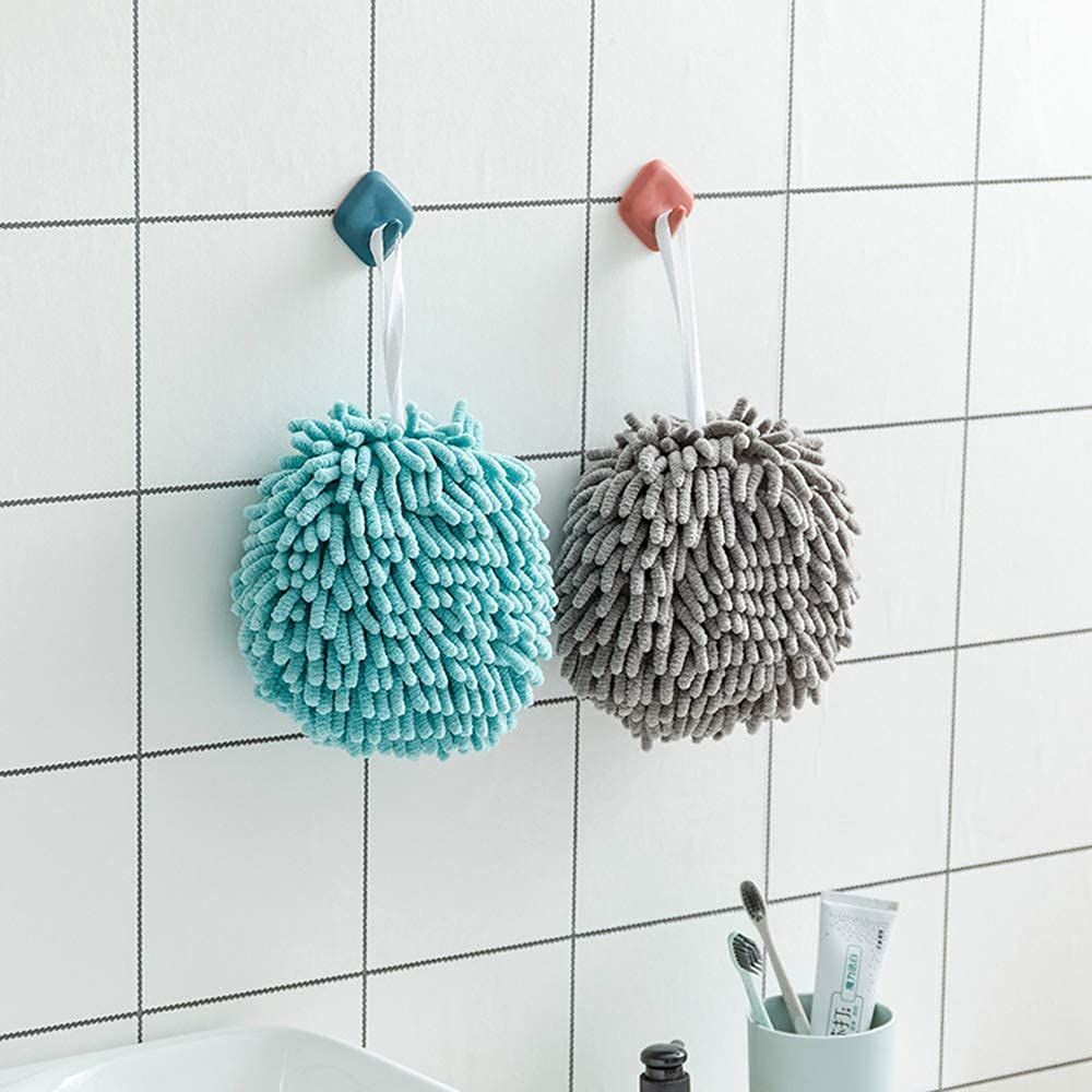 Blue and Grey Chenille Kitchen Hand Towel Set Quick Dry Hand Microfiber Monochrome Decorative Small Fuzzy Ball Towel with Loop — image 3