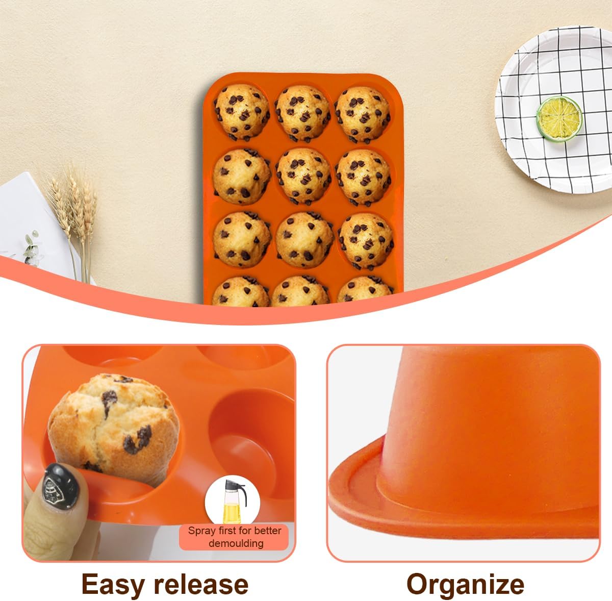 3 Pack Silicone Muffin Pan for Baking, Silicone Cupcake Pan, Muffin Tin 12 Cup Regular Size, Nonstick Silicone Molds Great for Making Muffin Cakes,Bread, Tart — image 2