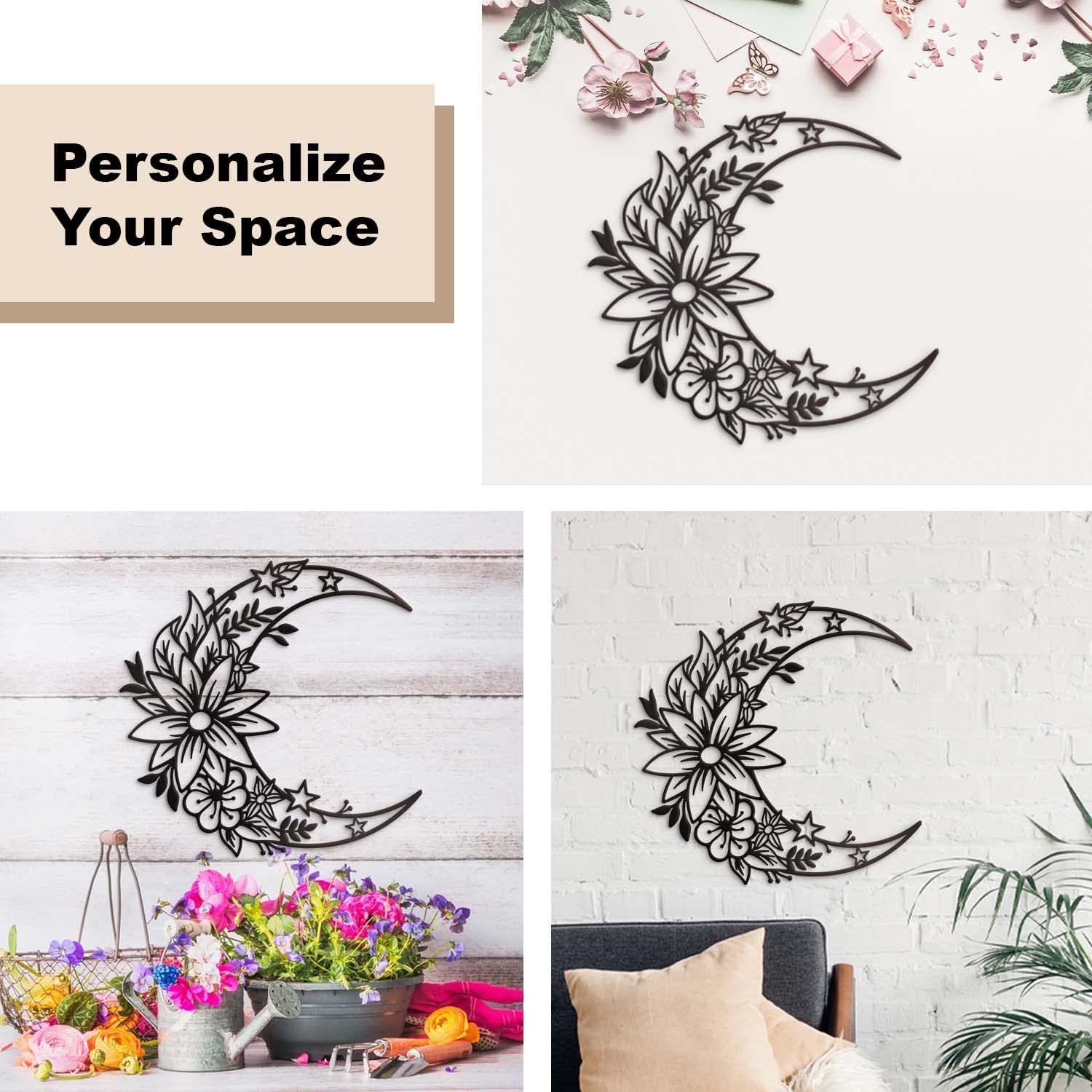 Moon Metal Floral Art Decor - Black Large Floral Moon and Star Phase Wall signs for Half Moon Flower Sculpture Hanging Wall โ image 5
