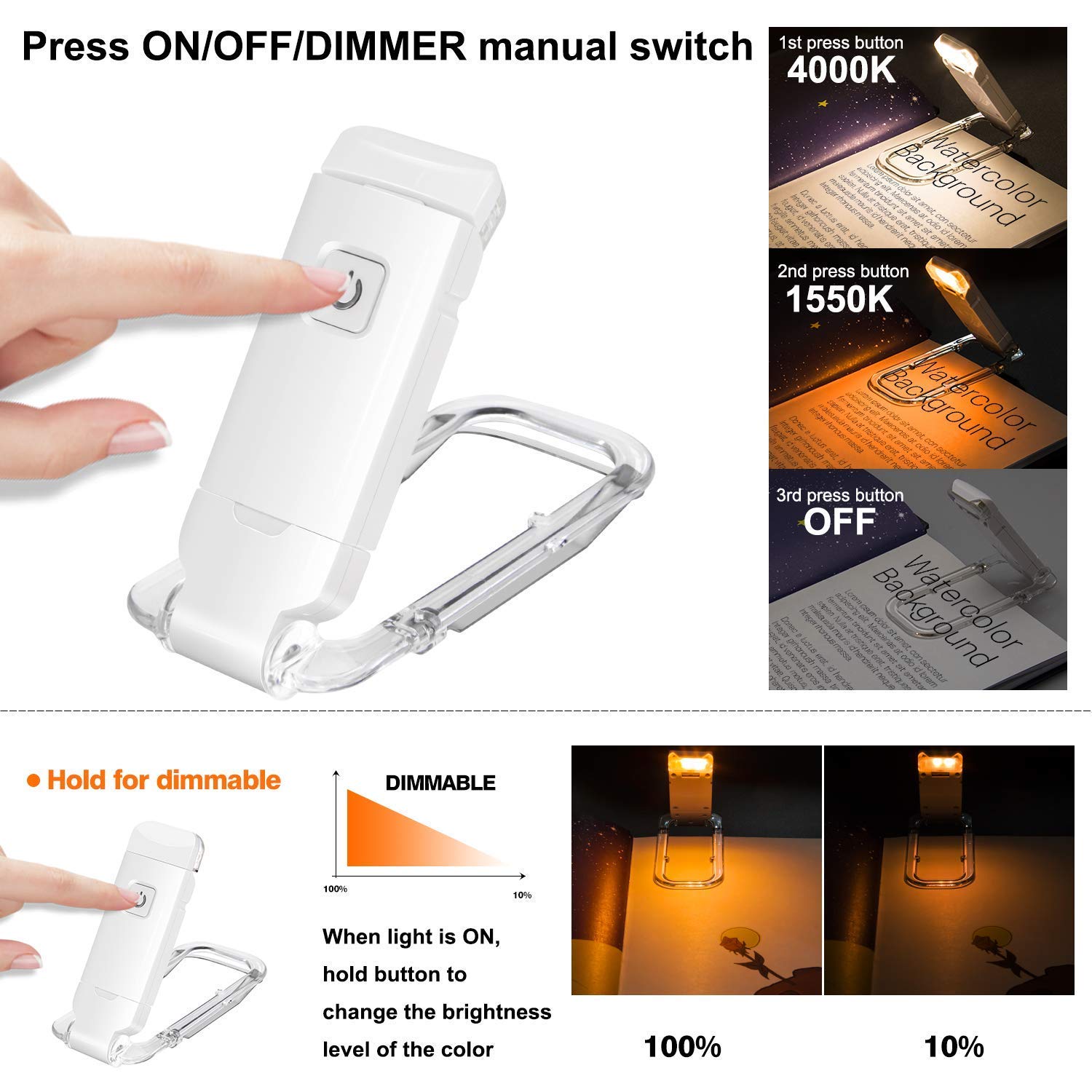 Rechargeable LED Book Light with Dimmable Warm White & Amber Modes – USB-Powered Clip-On Reading Lamp for Books, Sheet Music & Travel (White) — image 3