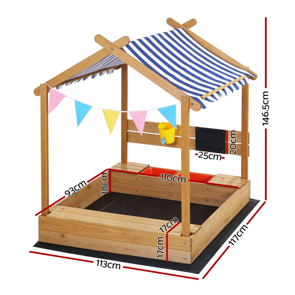 Keezi Kids Sandpit Wooden Sandbox Sand Pit with Canopy Water Basin Toys 146cm — image 2