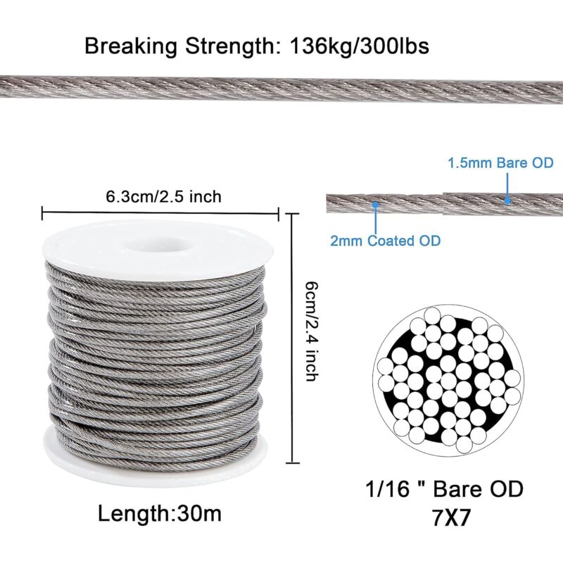 Wire ROpe Hanging Kit 2Mm Stainless Steel ROpe 30M With Turnbuckle Eye Screw Aluminum Sleeves Heart Thimble 56 pcs โ image 2