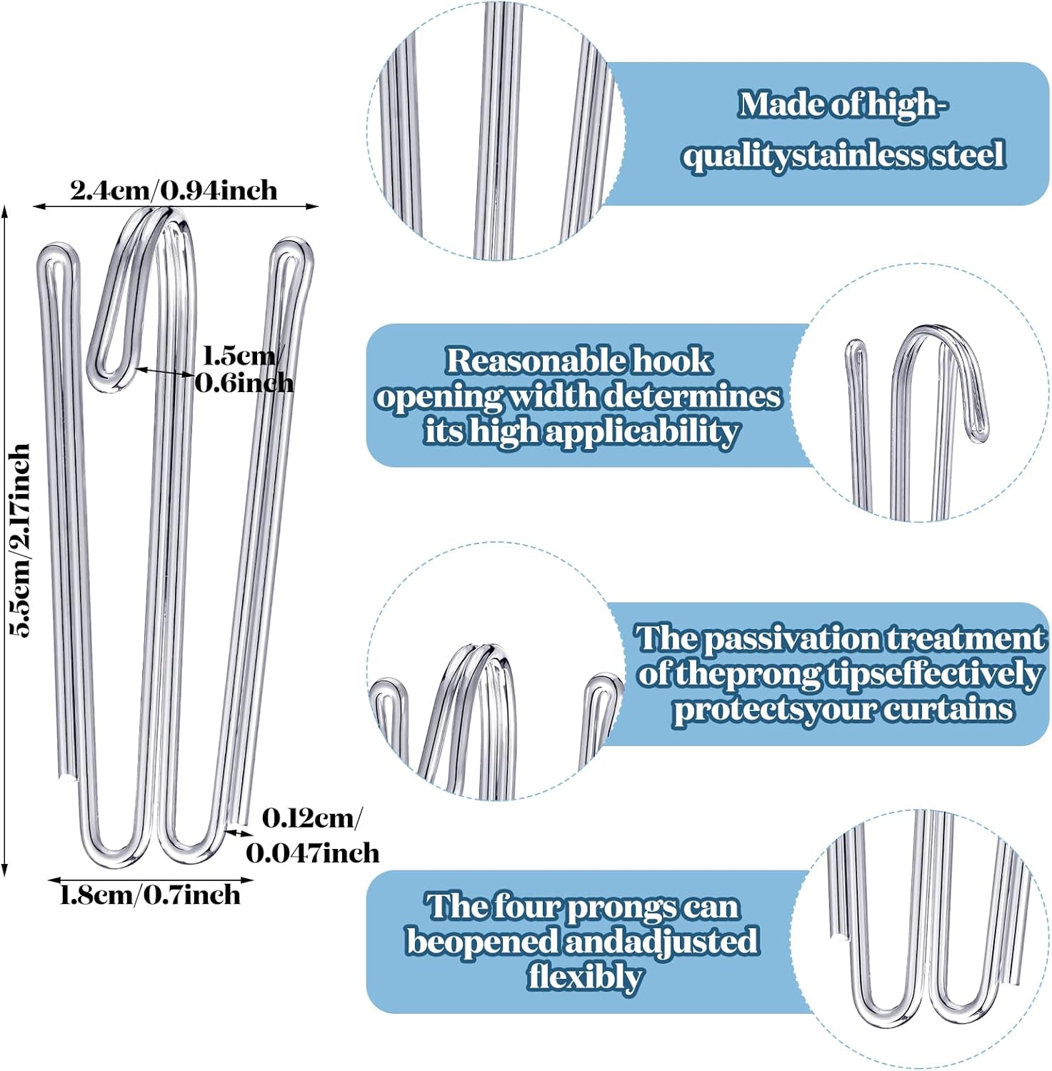 Pleat Hooks Stainless Steel Curtain Hooks Drapery Clasp and Pin 4 Prongs Pinch Pleat Tools Clips for Window, Shower Curtain(60 Pcs) โ image 3