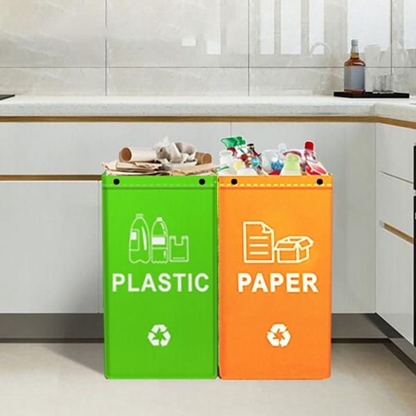 Collapsible Recycling Bags 40L, Waterproof Reusable Laminated Waste Sorting Bins with Carry Handles, Green Plastic & Orange Paper 2โPack for Home Kitchen