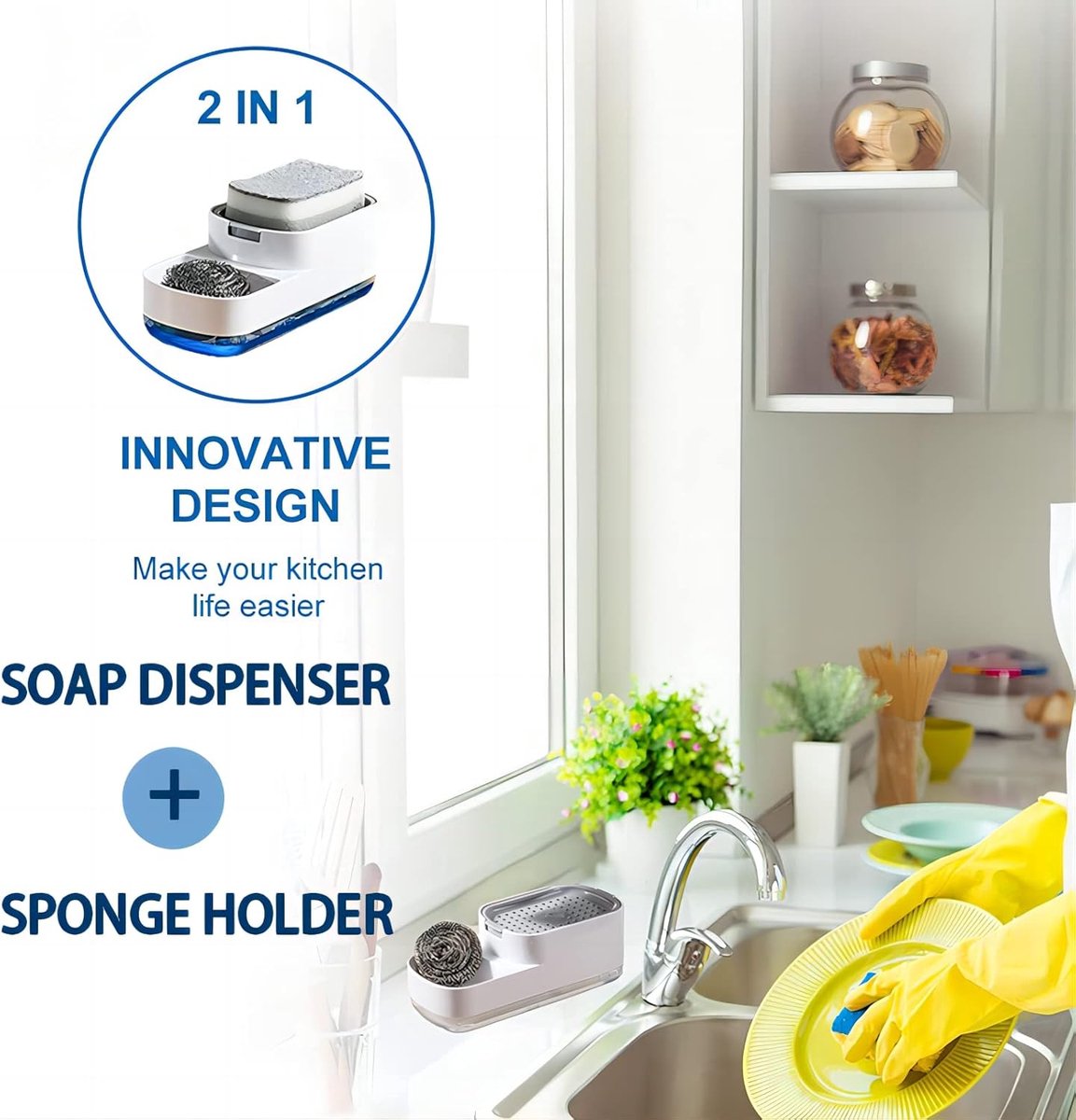 Soap Pump - 2 In 1 - Sponge Holder - Soap Dispenser - Drying Rack - Includes Sponge - ABS - Countertop - Push-Type - Kitchen Accessory - Sink - Gadgets - Sink — image 4