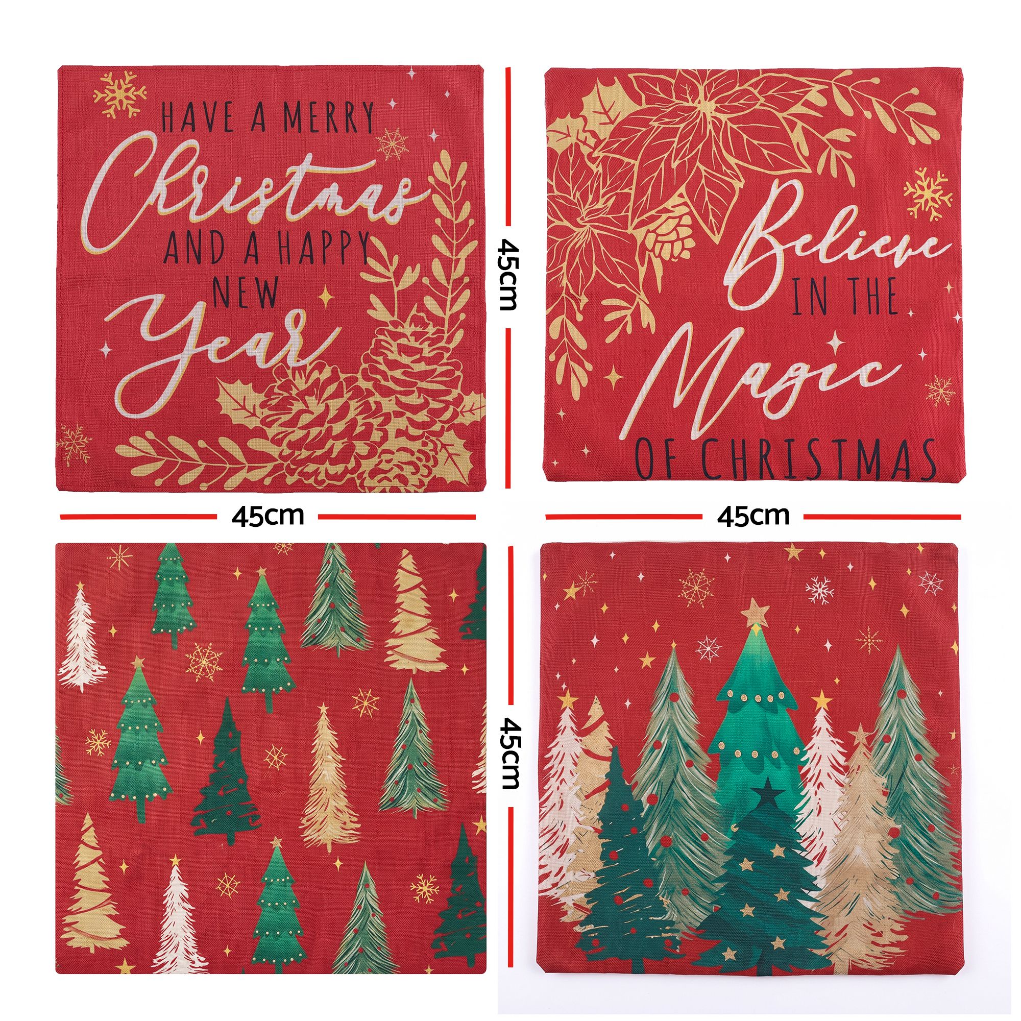 Jingle Jollys Christmas Cushion Covers Set of 4 Pillow Covers 45x45cm with 4 Cute Patterns Red — image 2