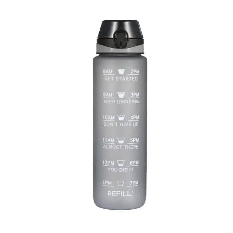1L Water Bottle Motivational Drink Flask With Time Markings Bpa Free Sport Gym - Grey