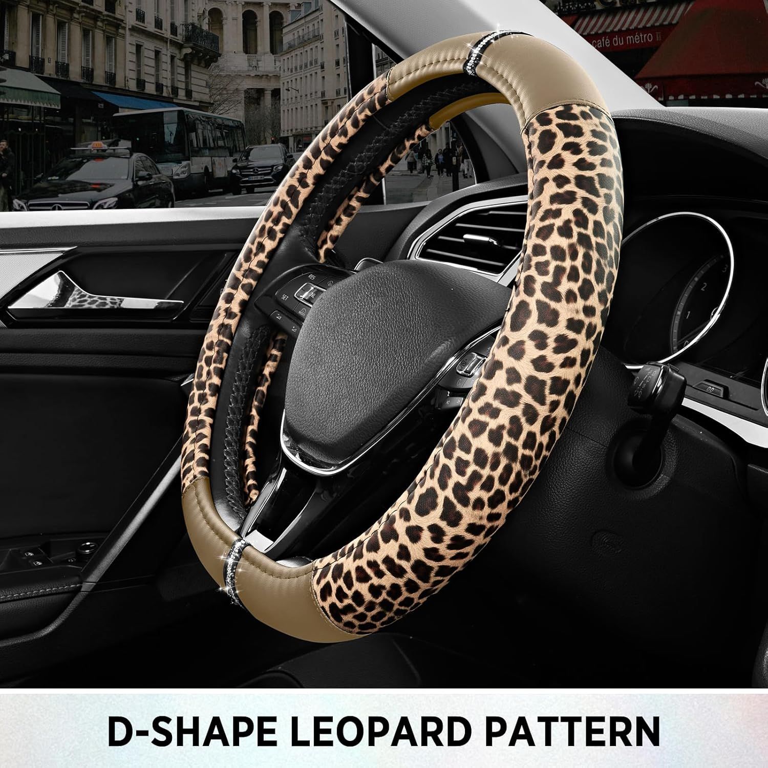 Leopard Steering Wheel Cover for Women, Cute Anti-Slip Microfiber Leather, Fits D Shape Flat Bottom Steering Wheel 14.5-15 Inch - Beige โ image 6