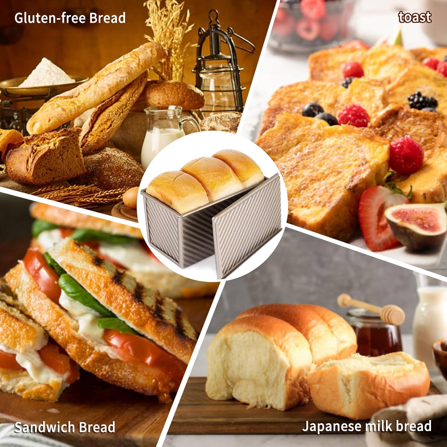 2 Pack Pullman Loaf Pan with Lid, 13x4 & 9x4 inch (2.2 lb & 1 lb Dough Capacity), Non-Stick Sandwich Bread Loaf Pan for Homemade Baking Bread, Gold — image 5