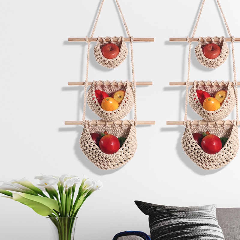 Single-layer hemp rope style Bohemian Hanging Fruit Basket β Wall-Mounted Woven Storage Net Pocket for Kitchen & Home Decor β image 2