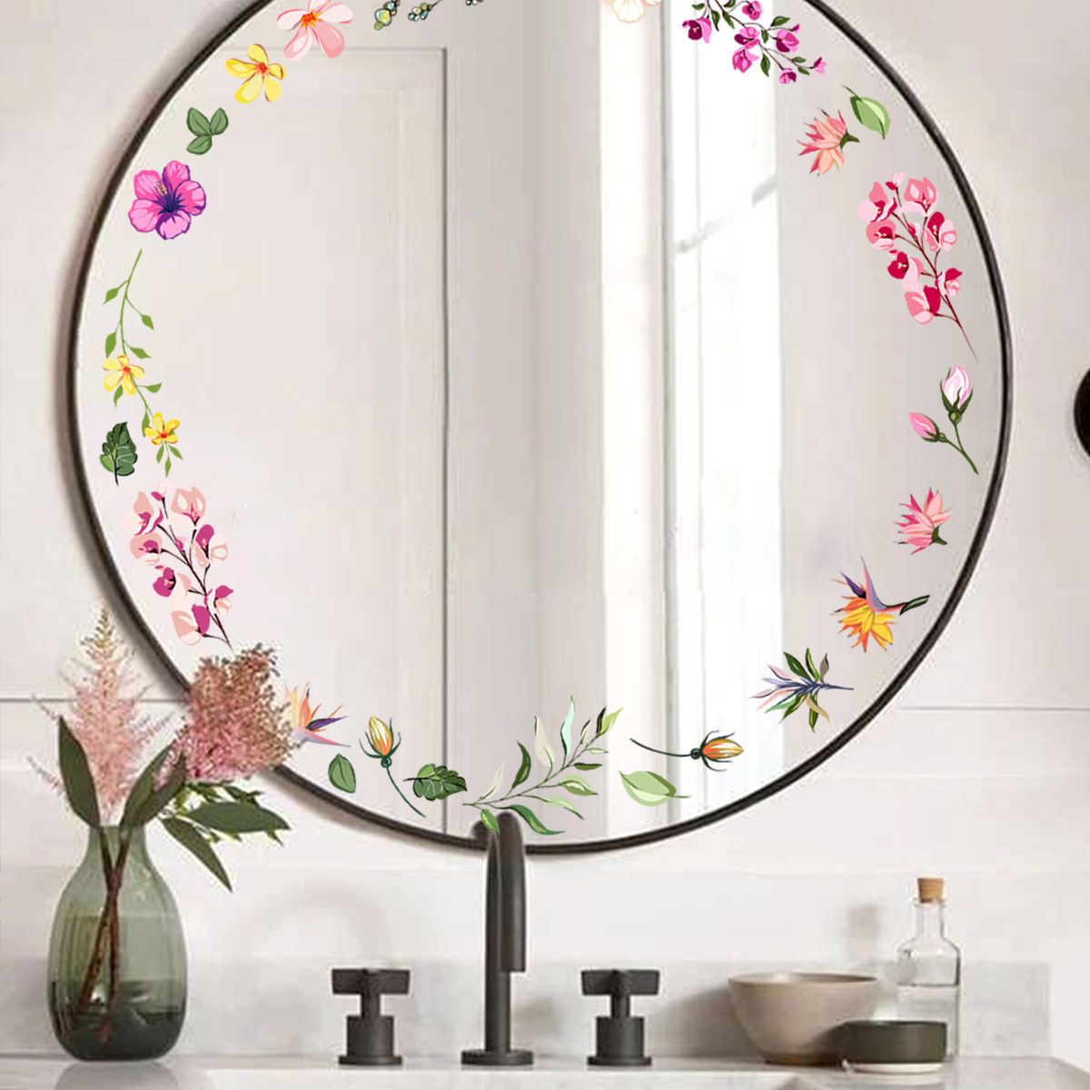 Floral Mirror Decals Flower Wall Stickers Peel and Stick Room Graphics Aesthetic Bathroom and Bedroom Decor for Girls — image 3