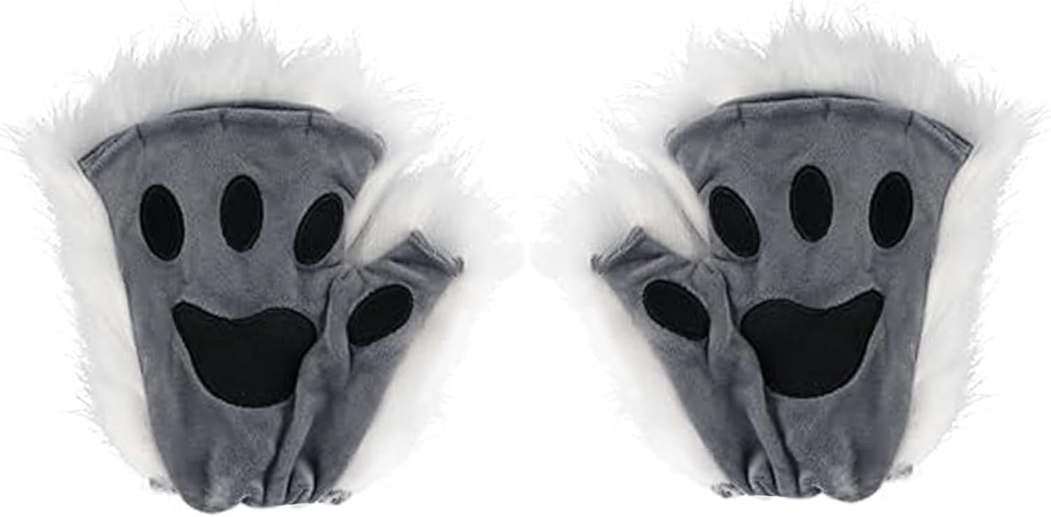 Therian Paws, Cat Paw 1 Pair Half Finger Therian Paws Cute Embroidered Fur Paws Decorative Realistic Paw Gloves for Kids Adults Cosplay Stage, Black Gray — image 5