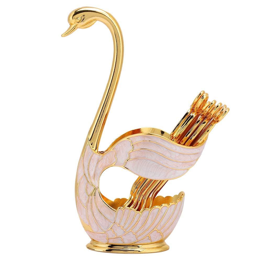 Fruit Dessert Flatware Swan Base Holder Metal Coffee Spoon Organizer with 6pcs Coffee Dessert Sugar Ice Cream Spoons (Gold)