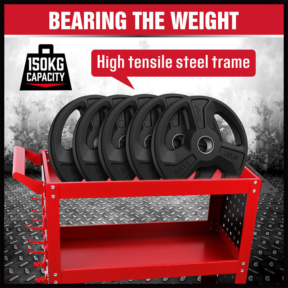 Red 3-Tier Tool Cart Storage Trolley Toolbox Workshop Garage Organiser 150kg Red — image 6