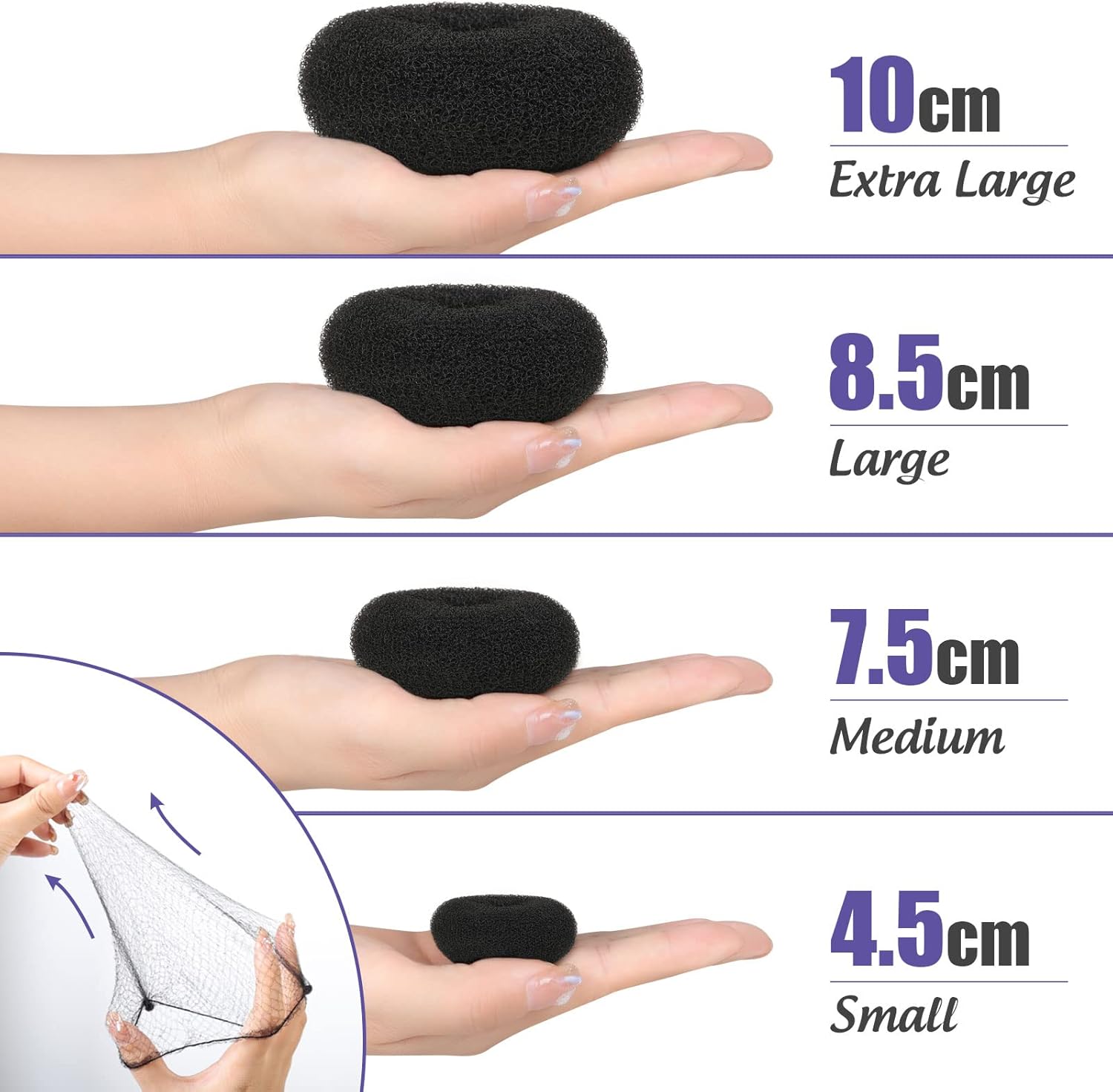 Hair Donut Bun Maker Set - 4 Bun Shapers, 20 Invisible Nets, 5 Elastics, 20 Bobby Pins (Black) — image 2