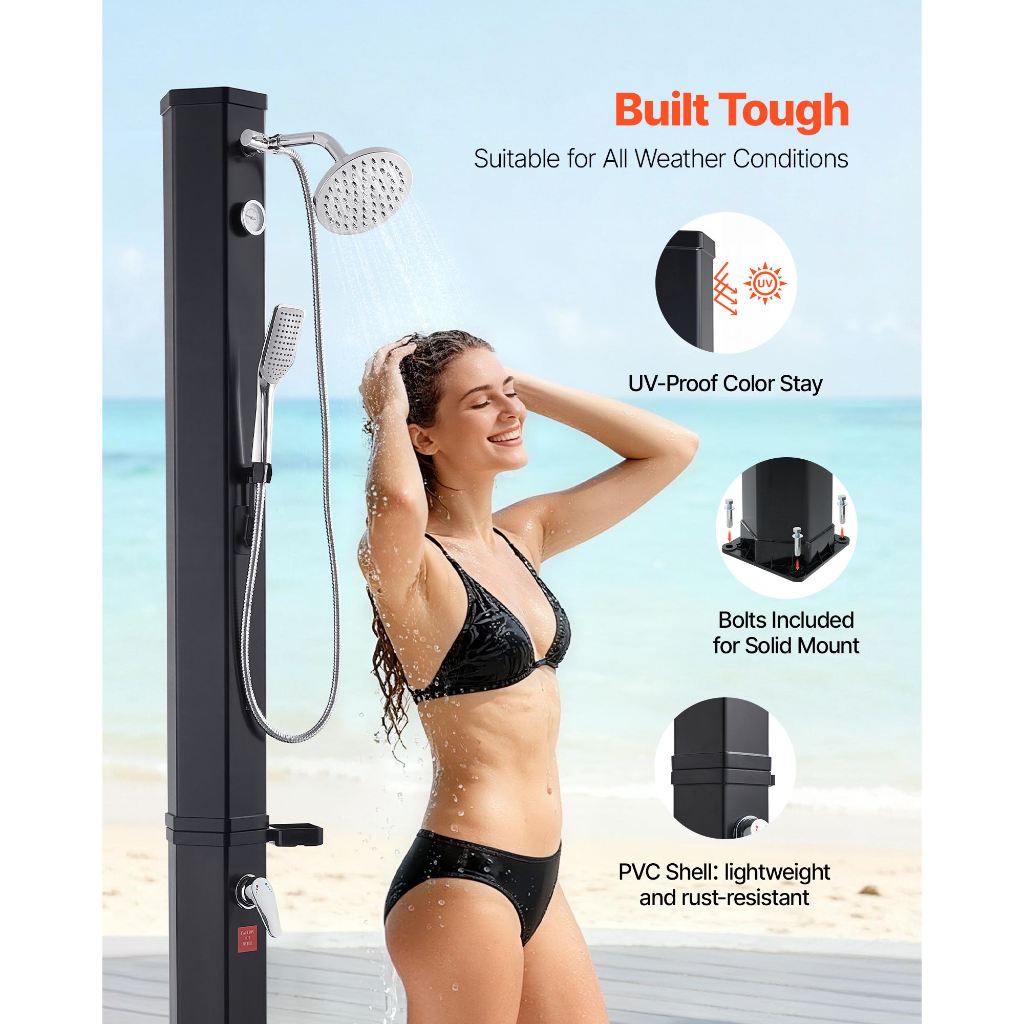 40L Solar Heated Shower, 205cm Showerhead Height Outdoor Shower, with Handheld & Foot Faucet, Hot & Cold Water Adjustment, Freestanding for Backyard Poolside — image 5