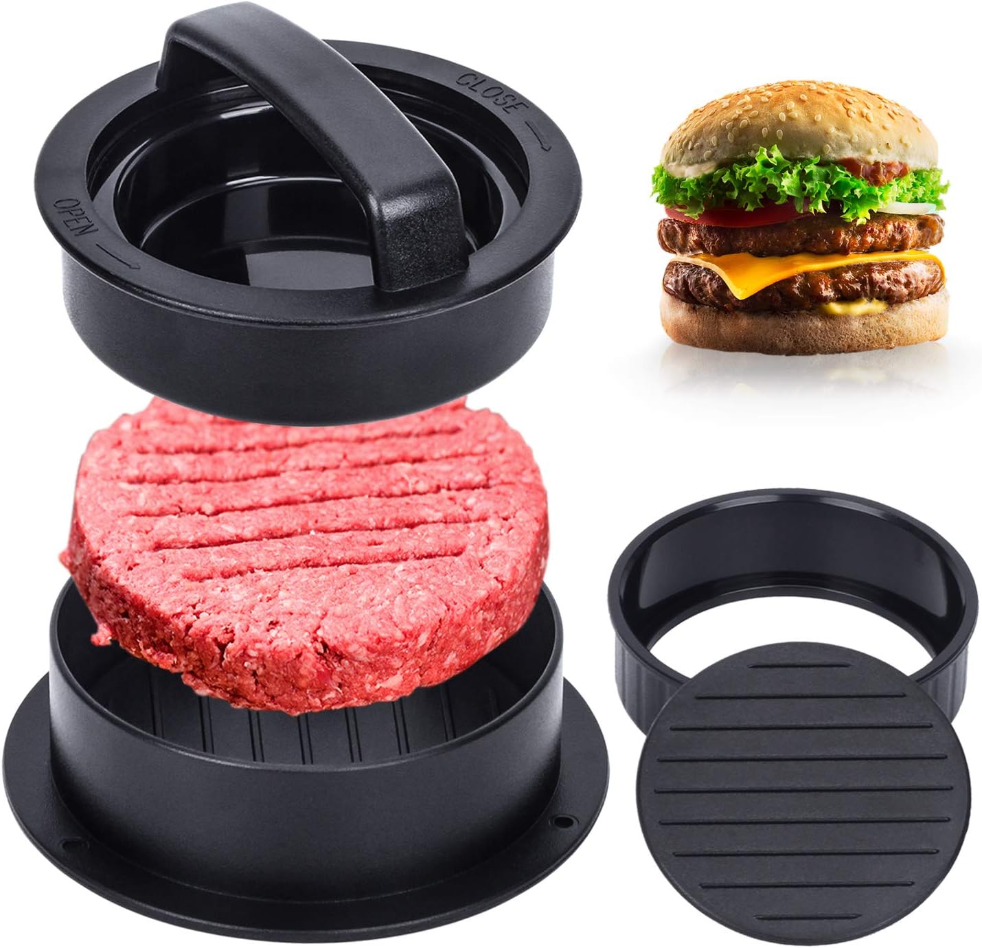 Burger Press, Hamburger Press Patty Maker With 100Pcs Hamburger Patty Paper, 3 in 1 Non Stick Patty Mold for Stuffed Burgers, Sliders, Veggie Beef Burger