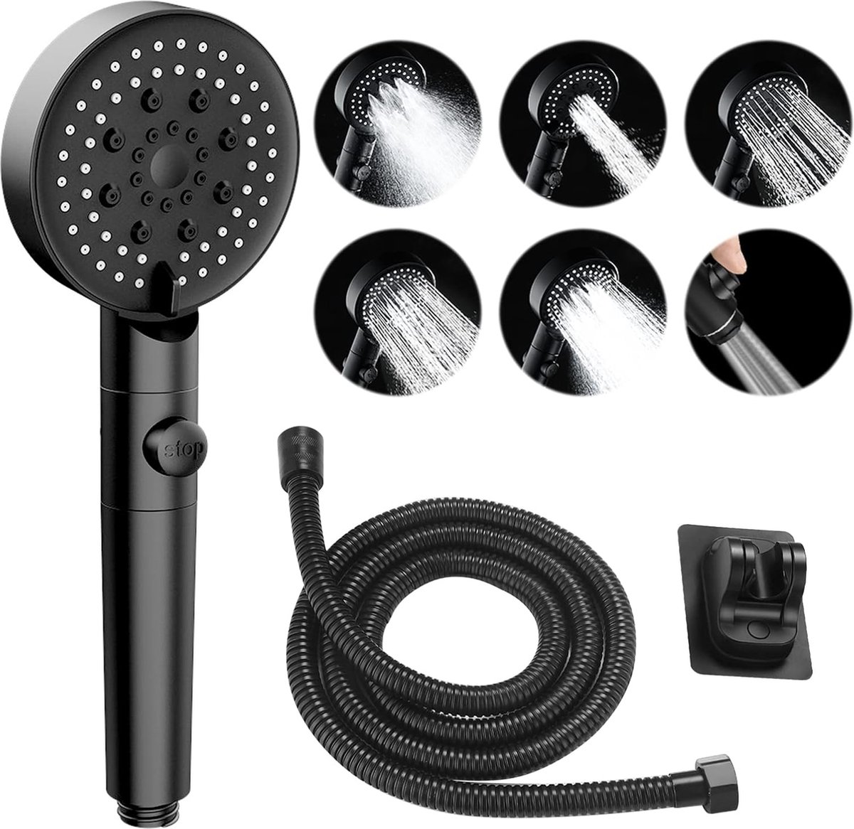 Shower Head - Shower Set - 6 Spray Modes - Water Saving - High Pressure - With 1.5m Explosion-Proof Hose and Self-Adhesive Holder - Rain Shower