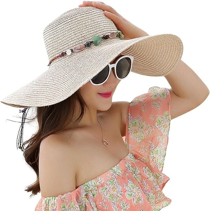 Women's Wide Brim Straw Hat UPF50+ Sun Protection Foldable Beach Hat for Summer, Beige — image 2
