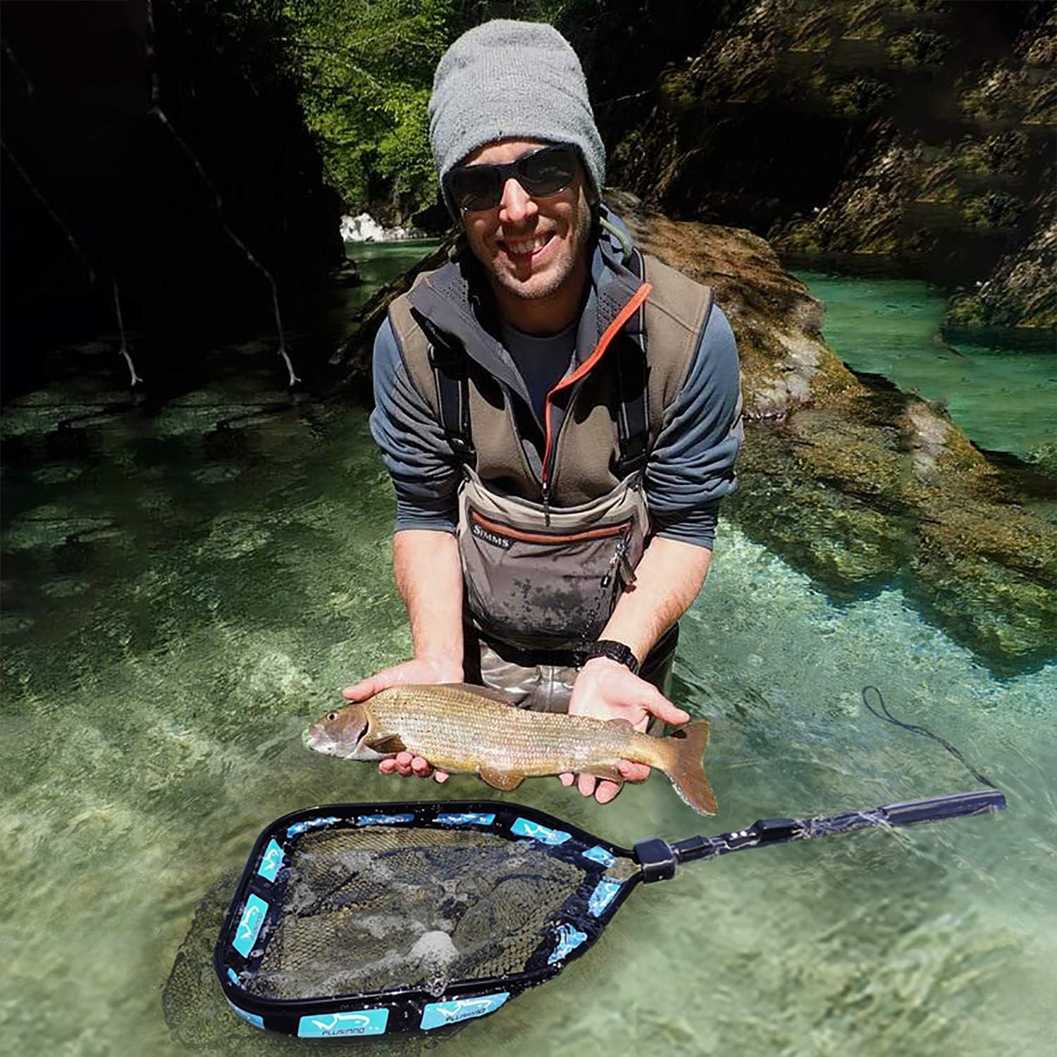 Floating Folding Fishing Landing Net, Rubber Coated Net with Fixed or Telescopic Handle for Kayak, Fly, Trout, Salmon and Bass Fishing — image 5