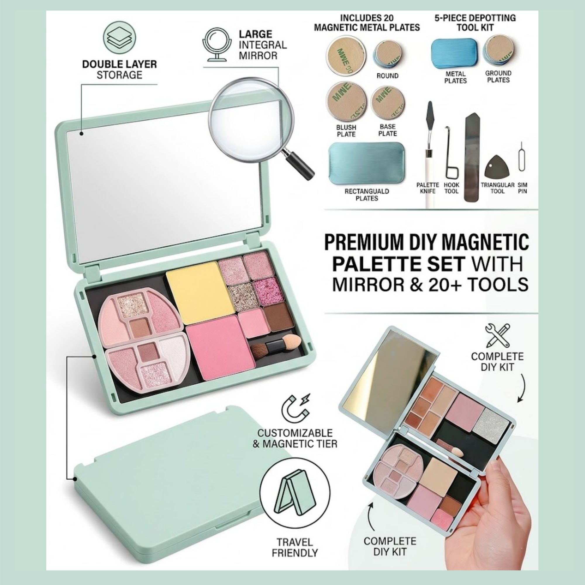 Portable Magnetic Makeup Palette With Mirror, Double-sided Folding, Refillable Eyeshadow Palette with Lid, DIY Eyeshadow Pan Dispensing Storage Box for β image 4