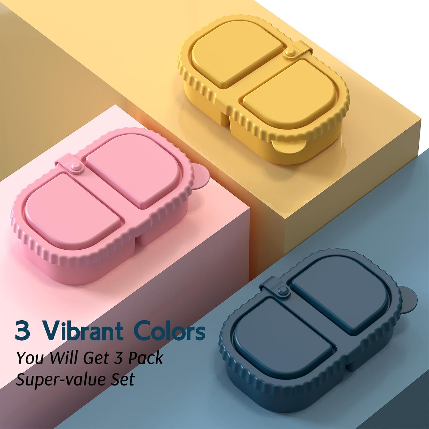 3 Pack Silicone Lunch Boxes Reusable with Lids Mini Double Compartment Portable Food Storage Containers for Picnic School Office β image 2