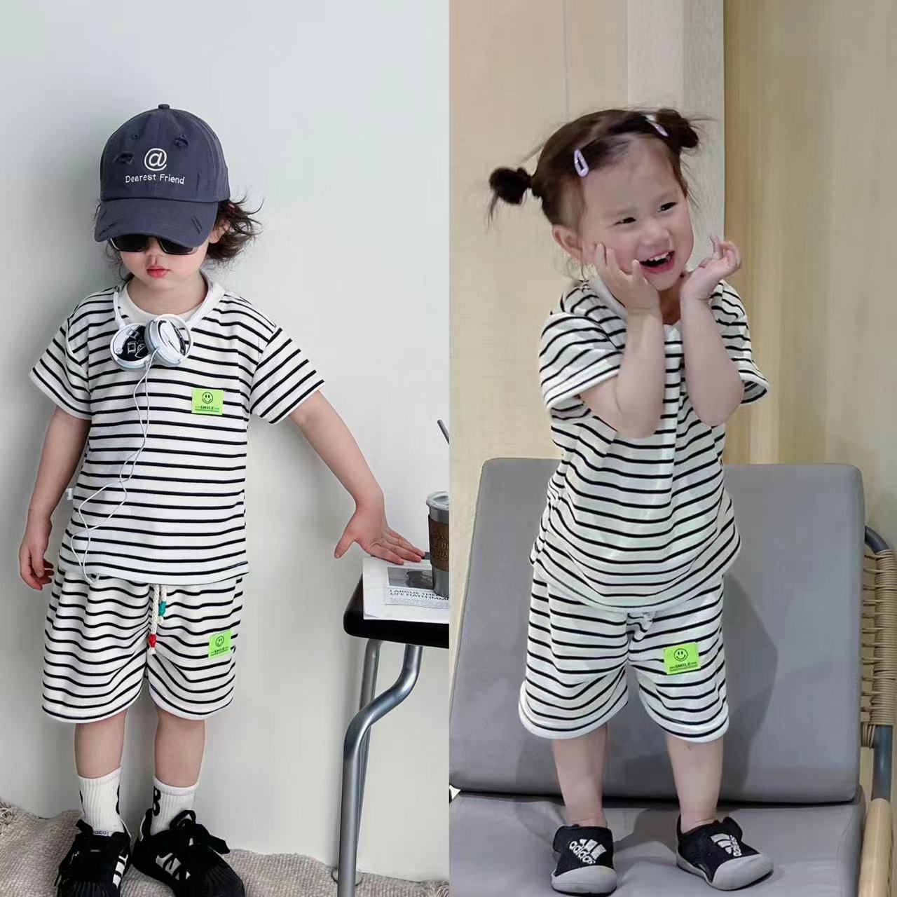 Kunxi Beibei Boys Girls Summer Striped T-Shirt... Korean-style black striped suit 100cm โ image 4
