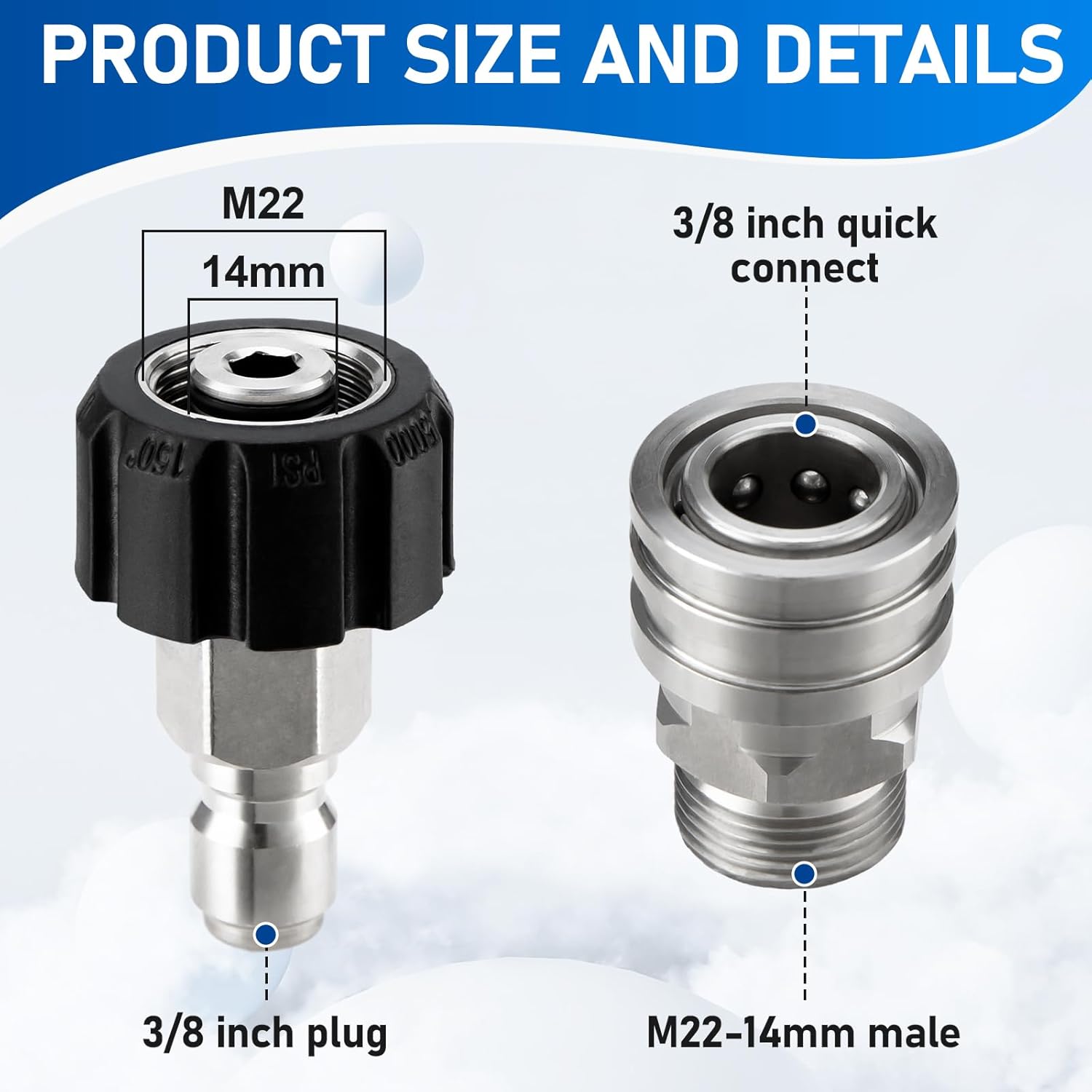 Pressure Washer Adapter Set, Stainless Steel Pressure Washer Quick Connect Kit, M22 14mm to 3/8" Quick Connect Swivel Fittings, 4 Pack โ image 4
