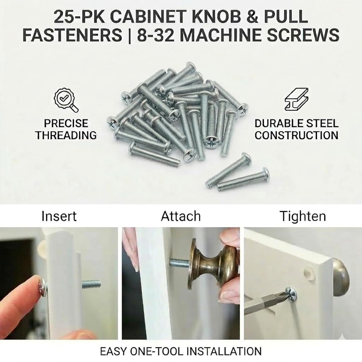 Cabinet Knob & Pull Machine Screws 25-pk (8-32 x 1-1/2") or Choose Your Length; Fasteners for Kitchen & Bathroom Drawer & Door Hardware โ image 3