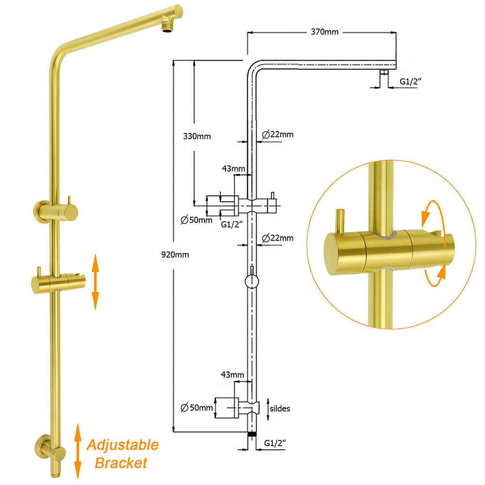 WELS Brushed Gold 2in1 Shower Large Round 12" Rain Head Handheld Silde Wall Rail Arm Twin Taps โ image 3