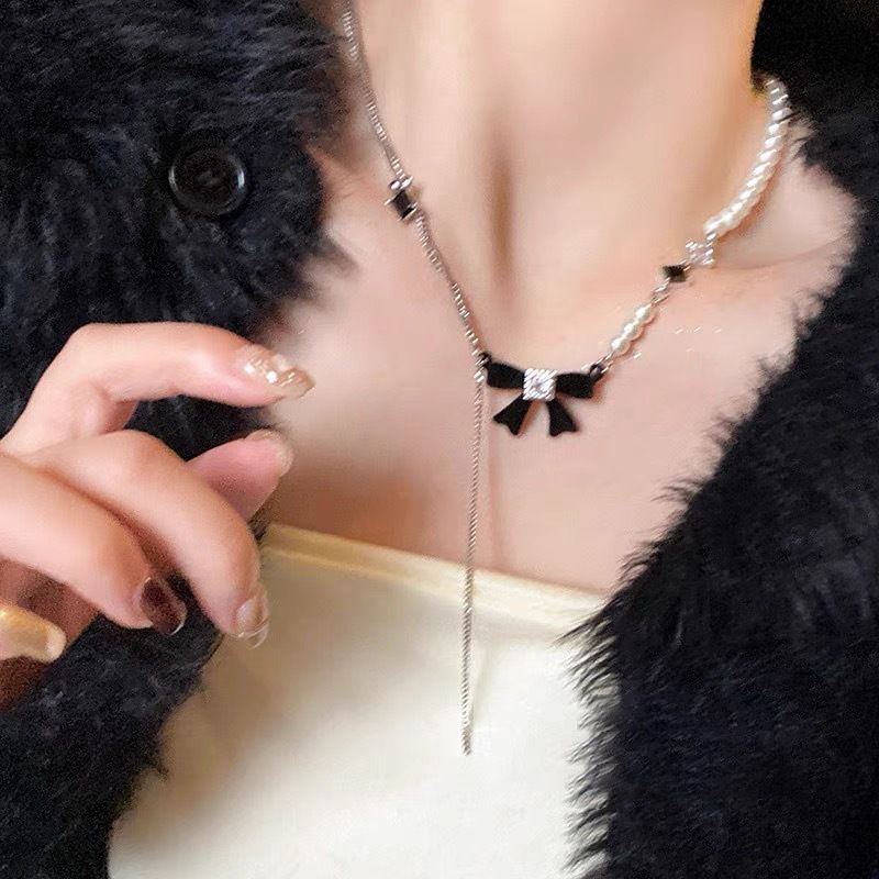 Pearl Necklace Bow Necklace for Women Trendy Pearl Bow Choker Necklace Pearl Beaded Becklace Sparkly Rhinestone Bow โ image 3