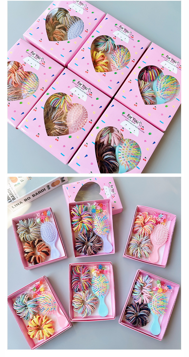 Style 6 Boxed Hair Tie Set with Pink Rubber Bands, Cute Hair Accessories & Mini Comb – Perfect Gift for Girls — image 4